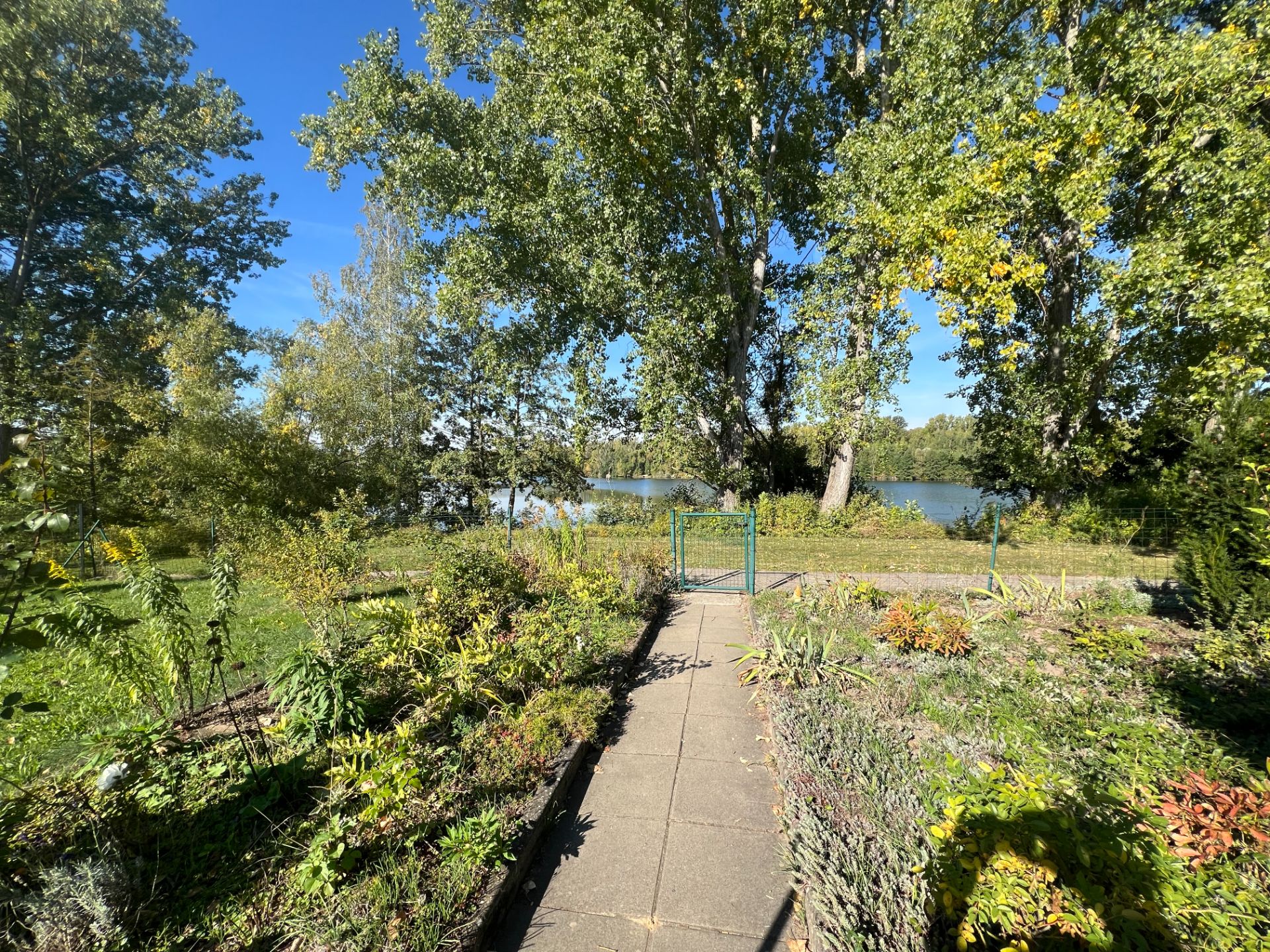Gepflasterter Gartenweg mit grünem Tor, Bäumen und See im Hintergrund bei Sonnenschein.