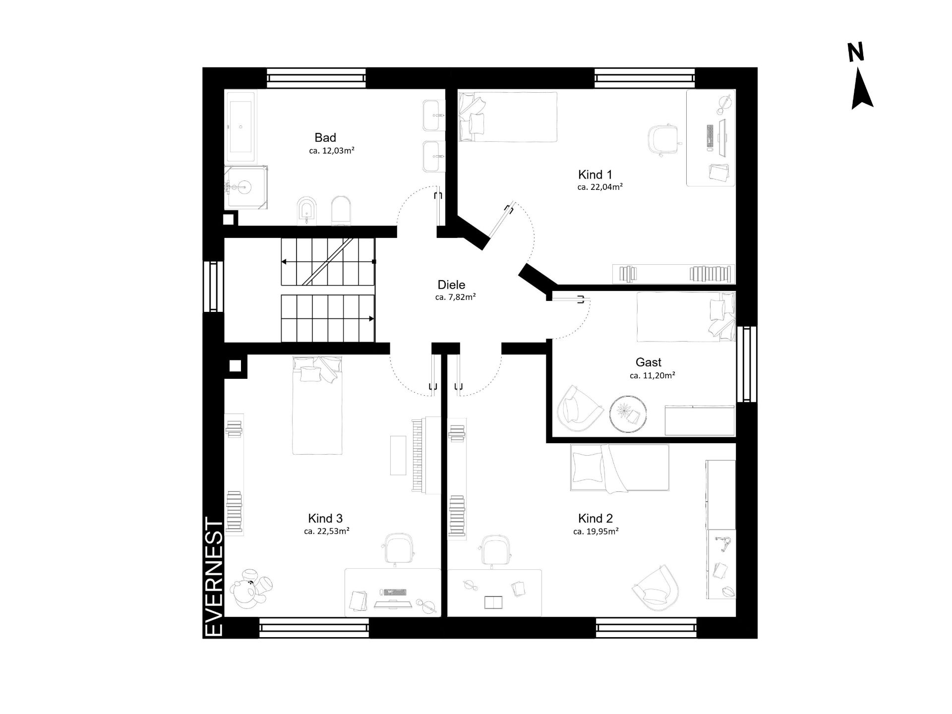 Grundriss eines Wohnhauses mit drei Kinderzimmern, Gästezimmer, Bad und Diele.