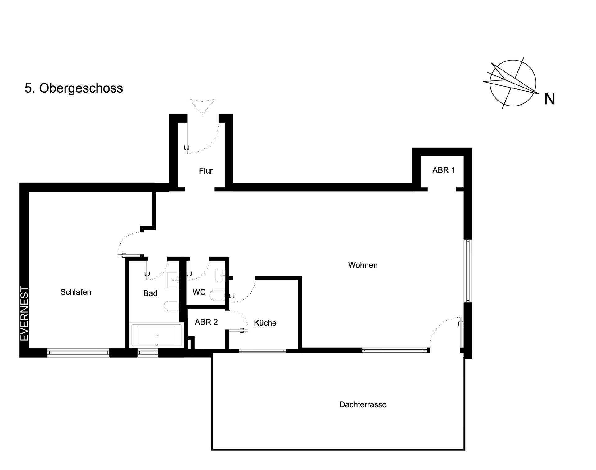Grundriss einer Wohnung mit Schlafzimmer, Bad, WC, Küche, Wohnzimmer und Dachterrasse.