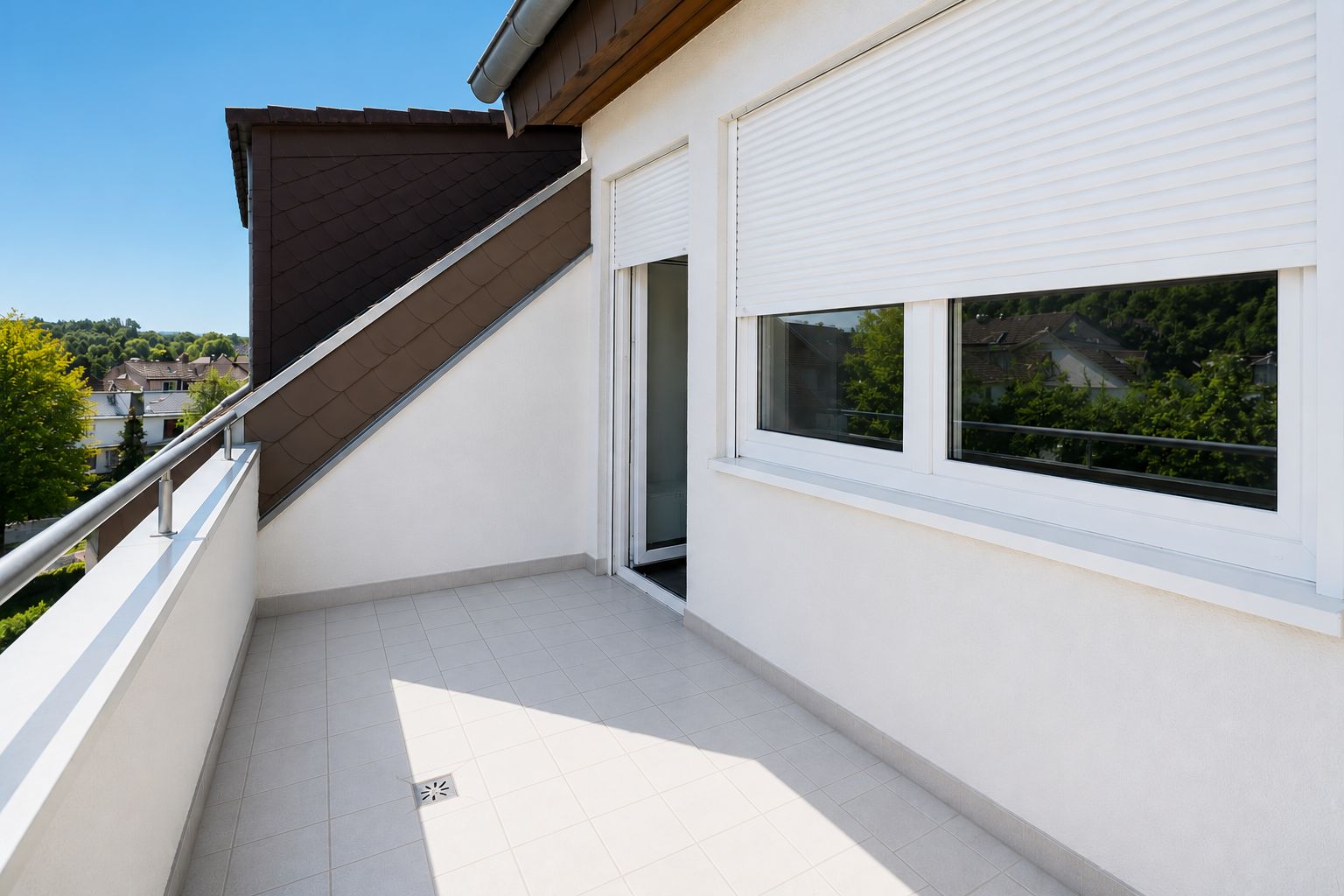 Helle Dachterrasse mit weißen Fliesen, Geländer und Blick auf grüne Bäume.