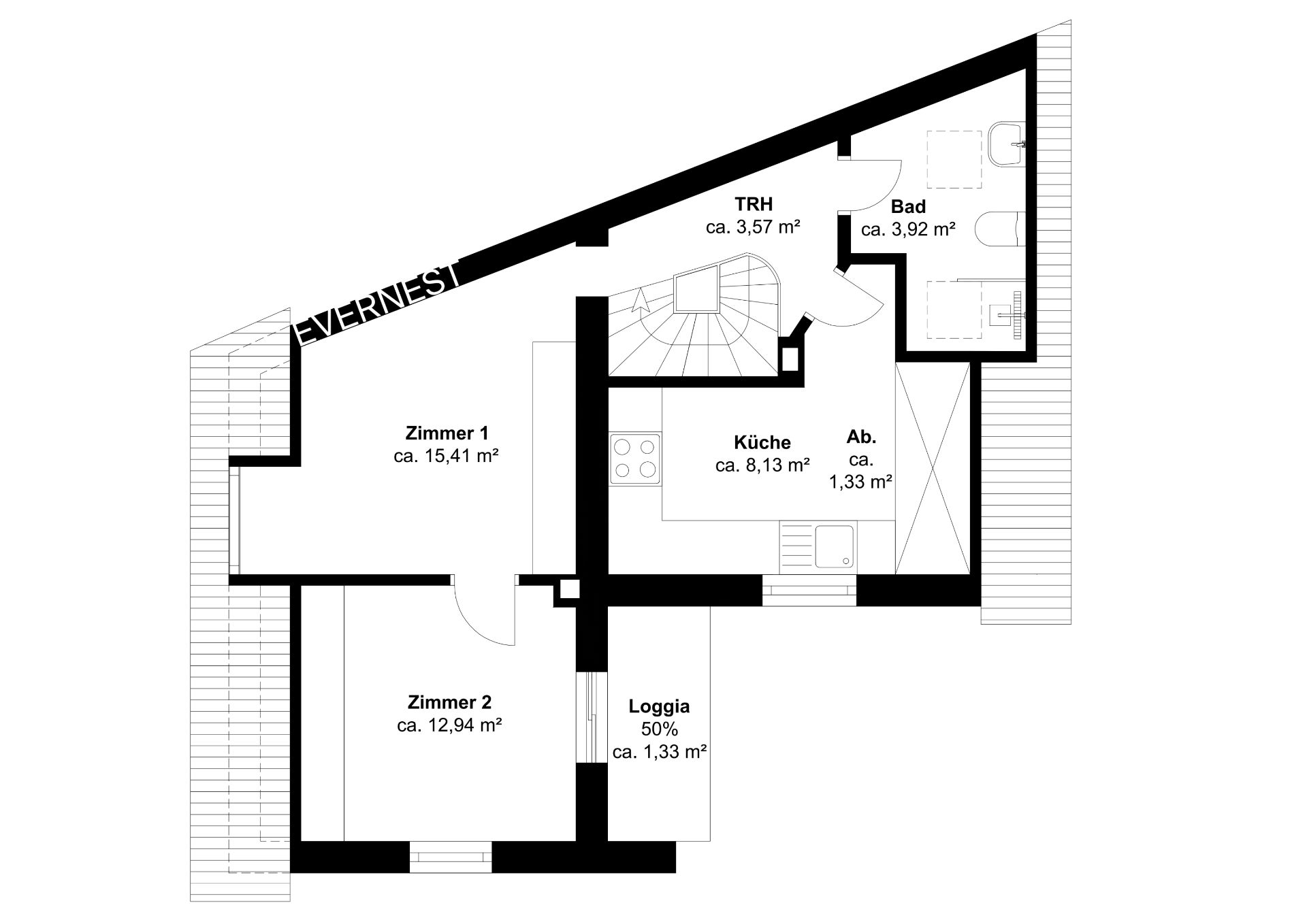 Grundriss einer Wohnung mit zwei Zimmern, Küche, Bad, Abstellraum, Loggia und Treppenhaus.