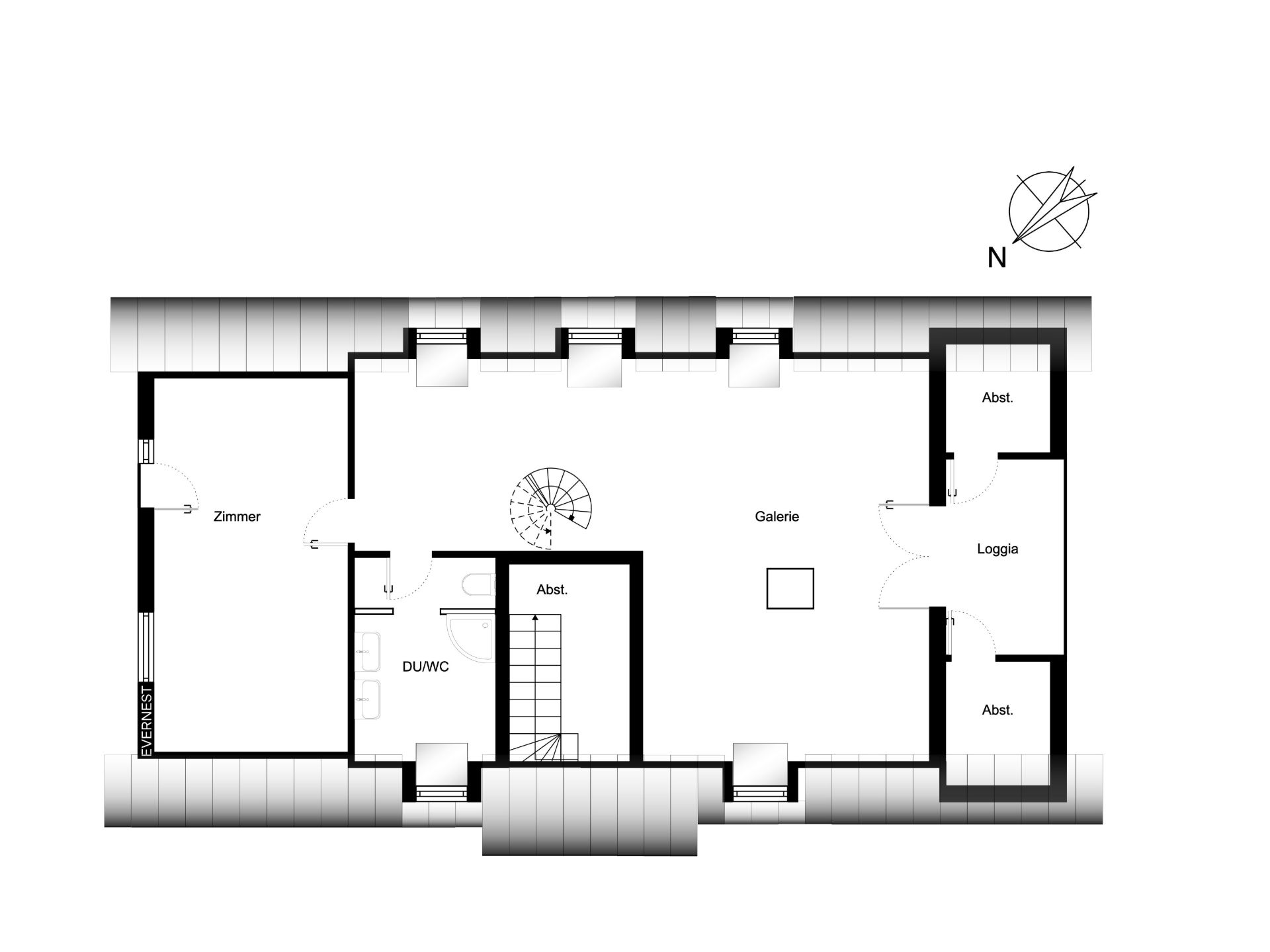 Grundriss eines Wohnbereichs mit Zimmer, Galerie, Loggia, Bad und Abstellräumen.