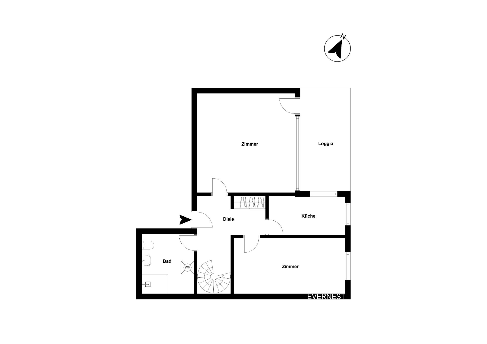 Grundriss einer Wohnung mit zwei Zimmern, Küche, Bad, Diele und Loggia.