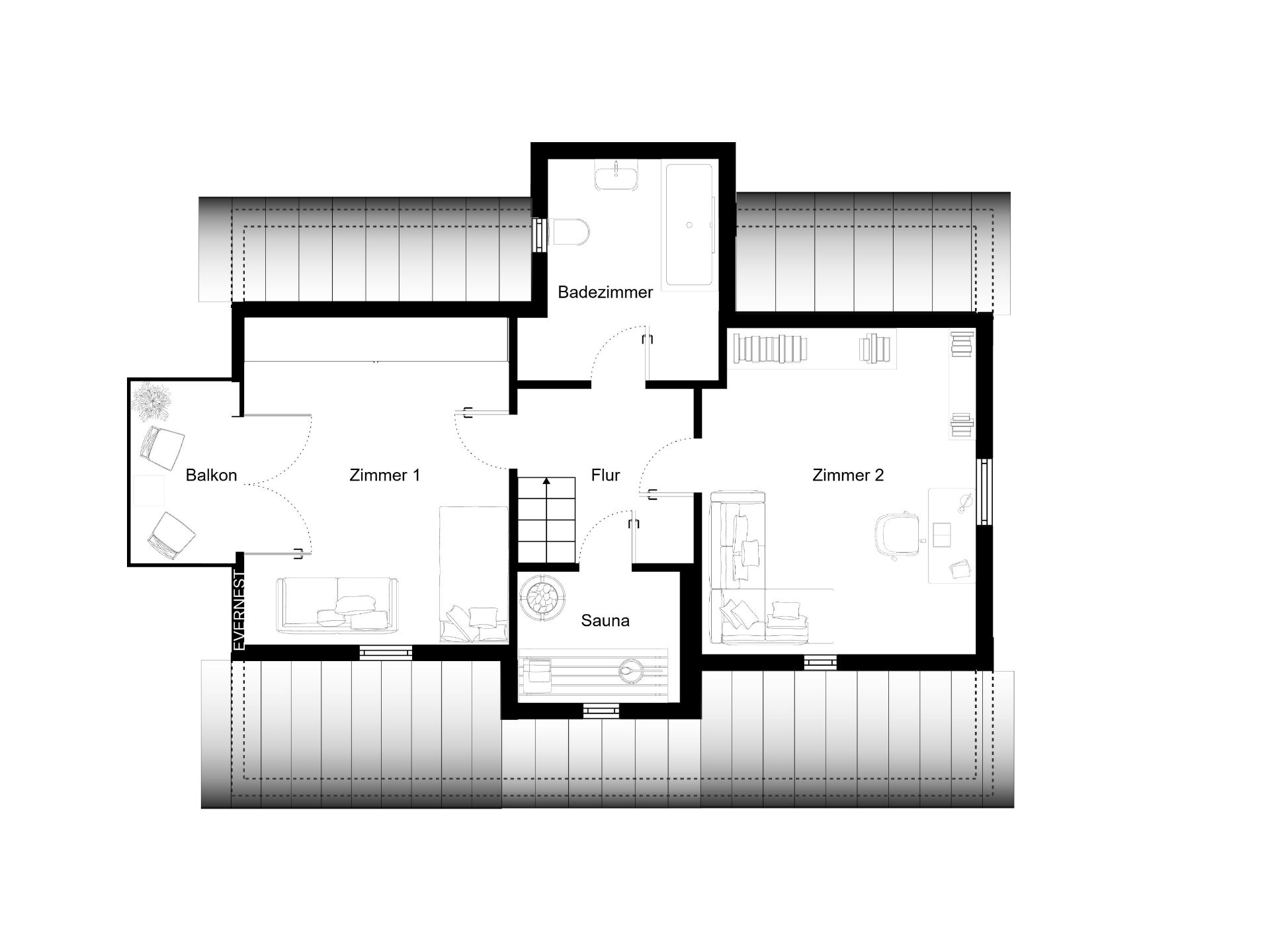 Grundriss mit zwei Zimmern, Balkon, Badezimmer, Flur und Sauna.
