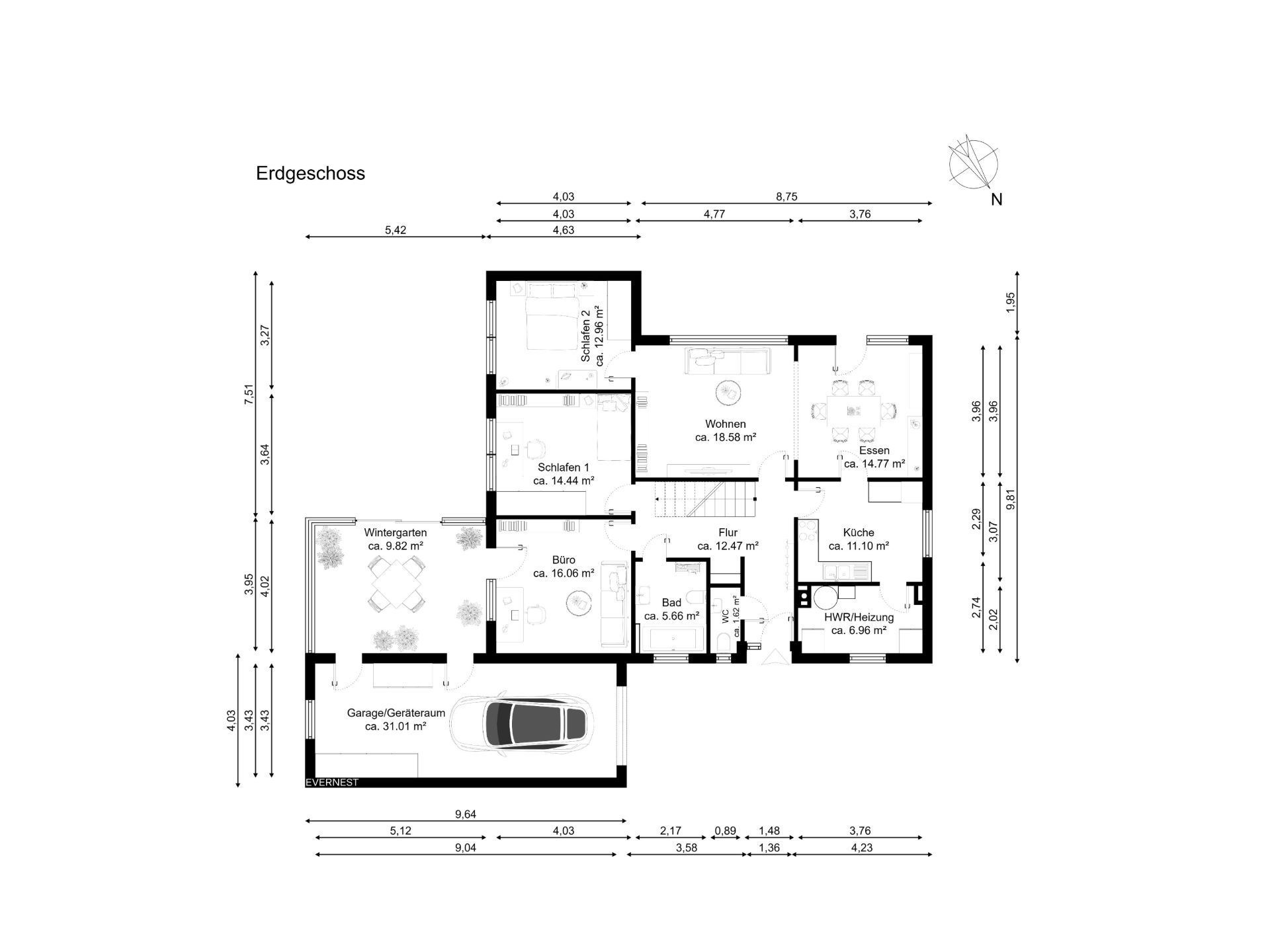 Grundriss des Erdgeschosses mit Garage, Wintergarten, Schlafzimmer, Bad, Küche, Büro, Wohn- und Esszimmer.
