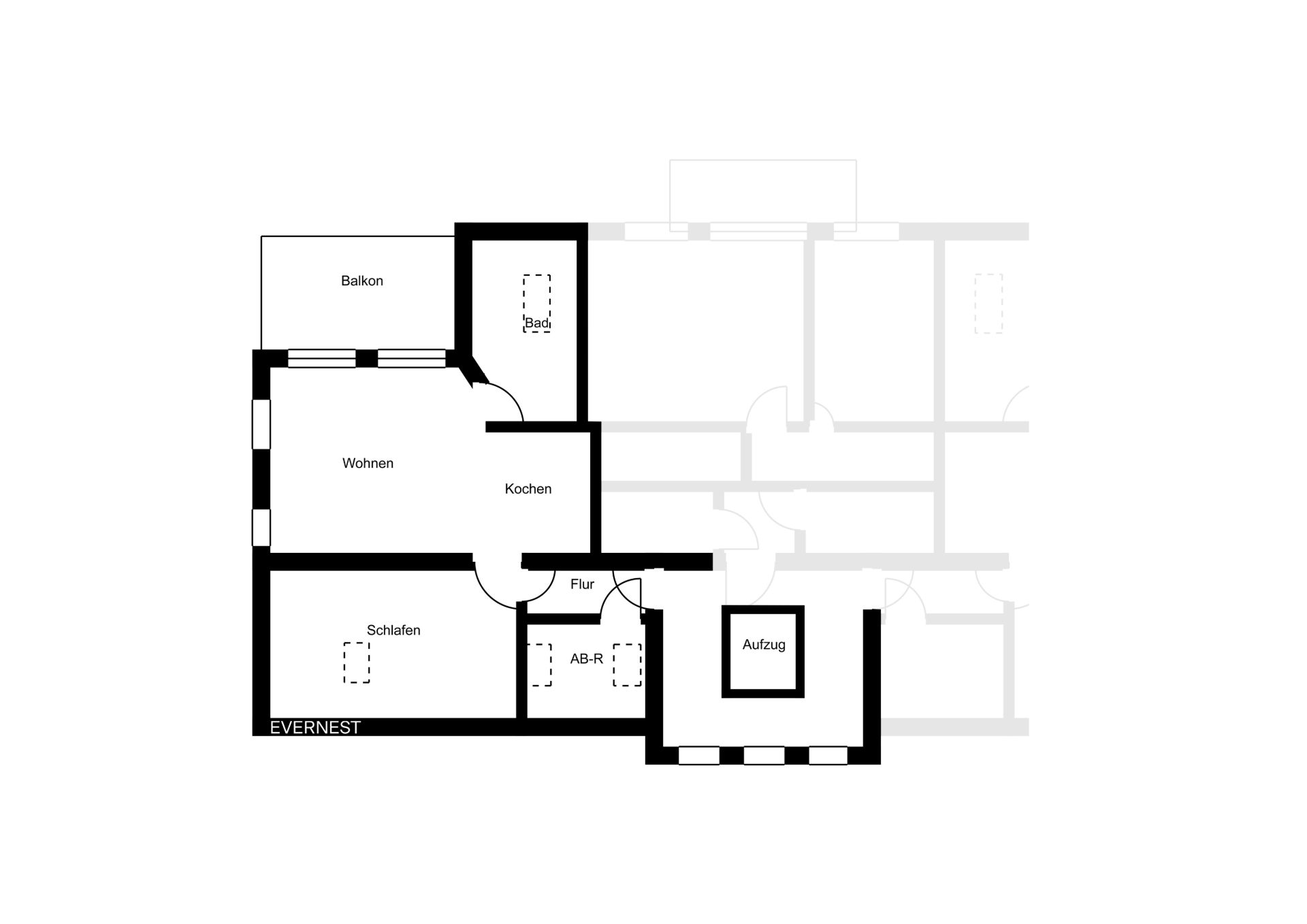 Grundriss einer Wohnung mit Balkon, Wohnzimmer, Schlafzimmer, Bad, Küche und Flur.