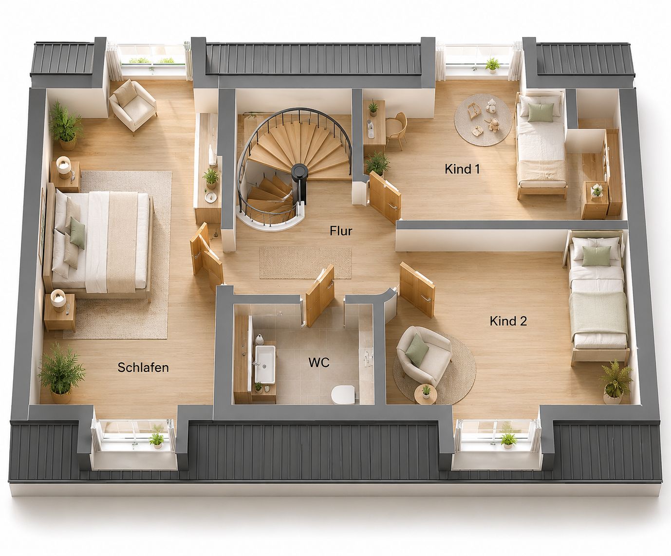 Grundriss einer Wohnung mit Schlafzimmer, zwei Kinderzimmern, WC und Flur mit Wendeltreppe.