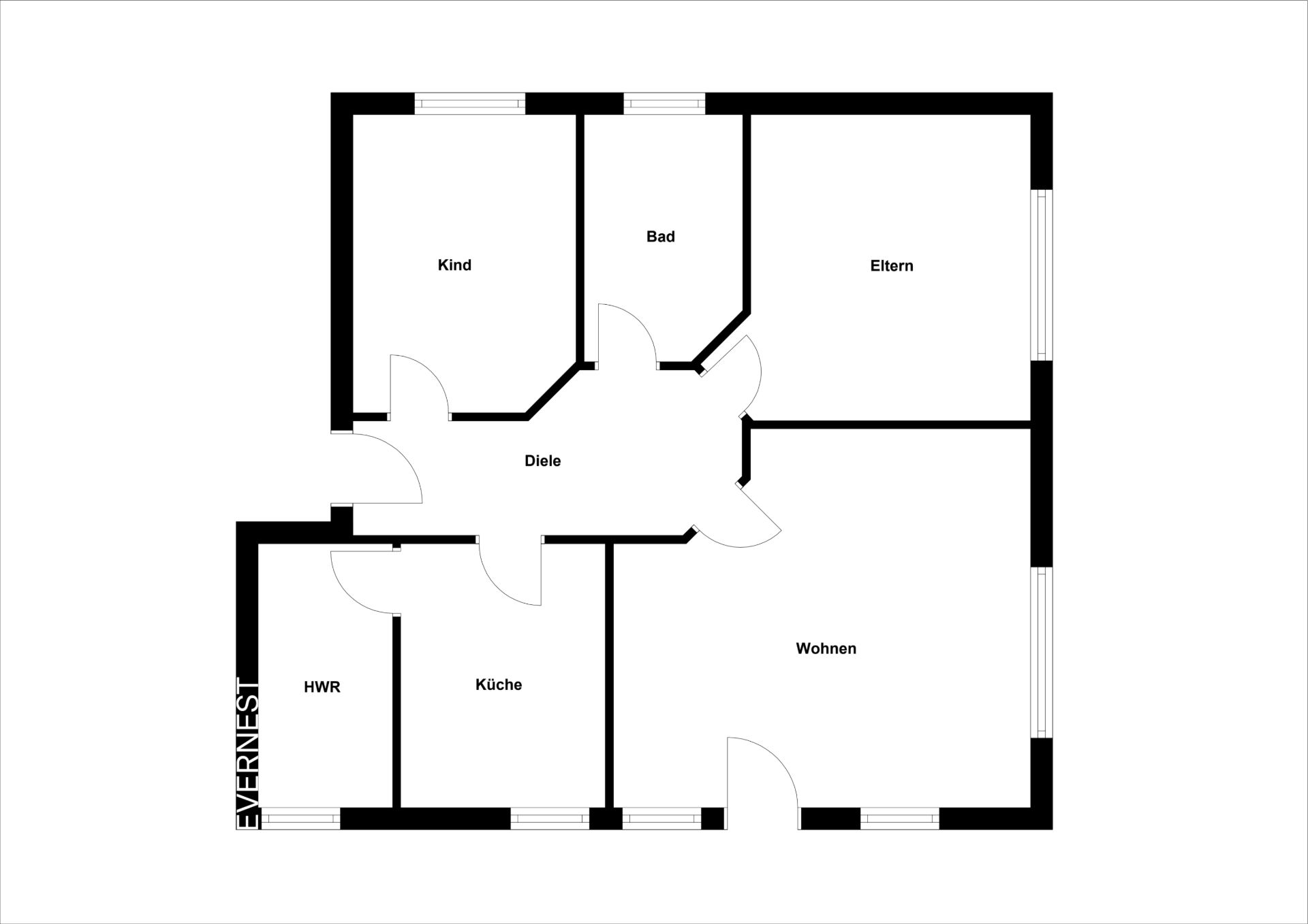 Grundriss mit Wohnzimmer, Küche, Bad, Kinderzimmer, Elternzimmer, Diele und HWR.