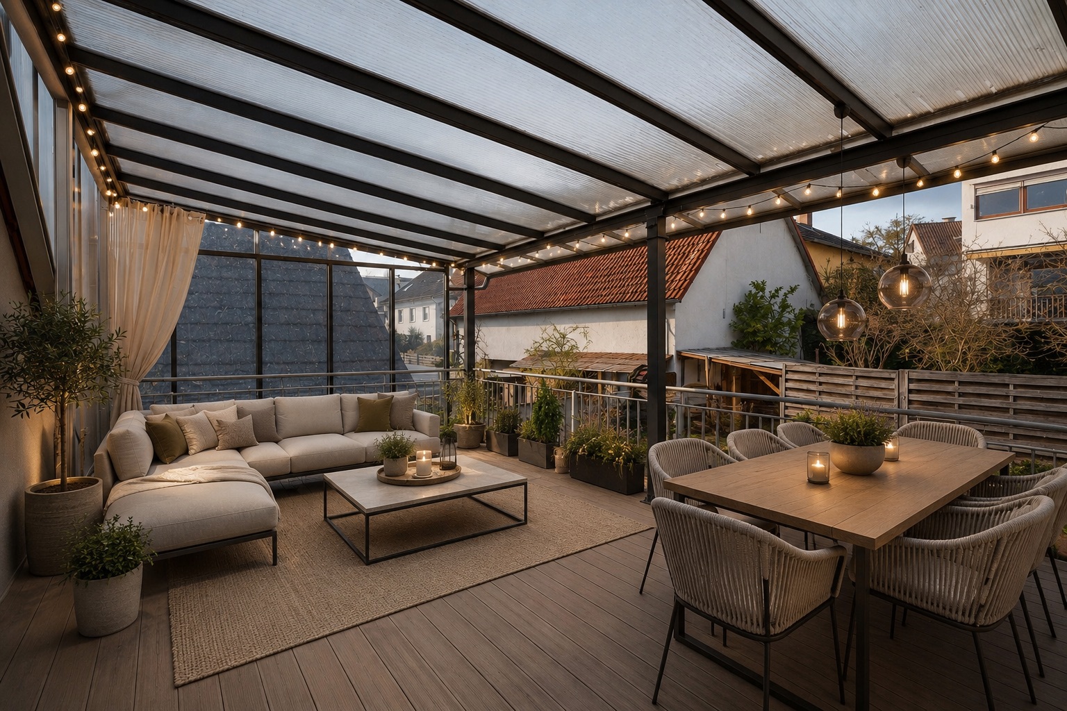 Überdachte Terrasse mit Sofa, Esstisch, Stühlen, Lichterkette und Pflanzen.