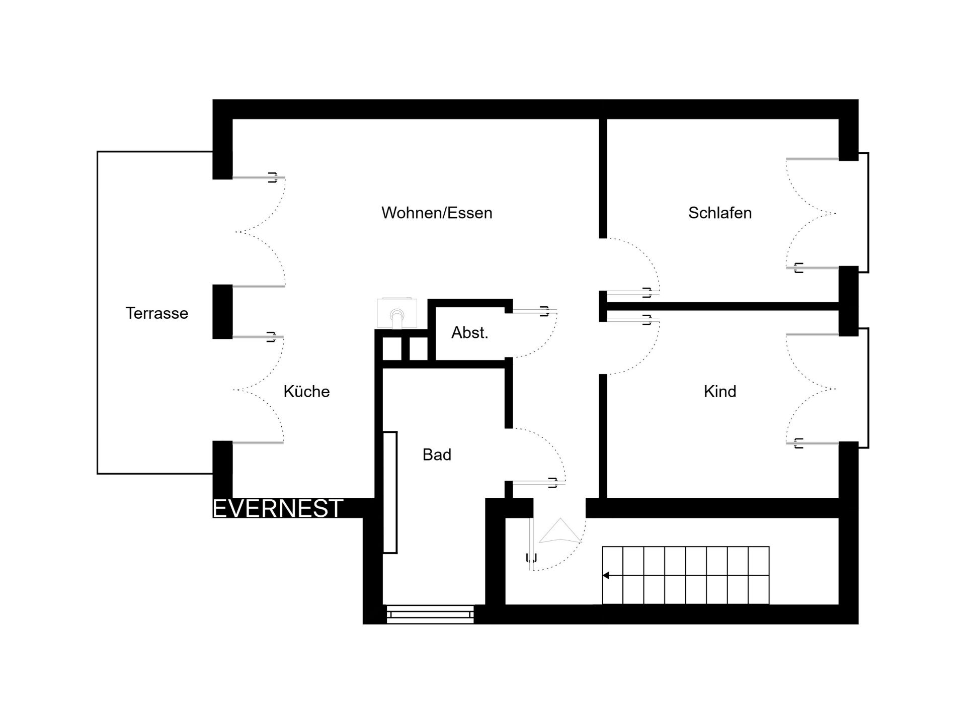 Grundriss einer Wohnung mit Terrasse, Küche, Bad, Wohnzimmer, Schlafzimmer und Kinderzimmer.
