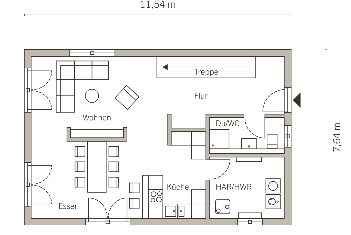 Grundriss einer Wohnung mit Wohn-, Ess-, Küchenbereich, Flur, Bad und Hauswirtschaftsraum.