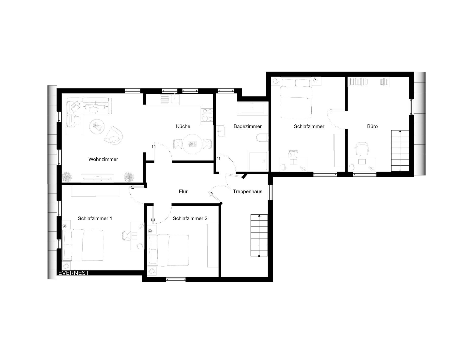Grundriss einer Wohnung mit Wohnzimmer, Küche, Bad, drei Schlafzimmern, Büro und Flur.