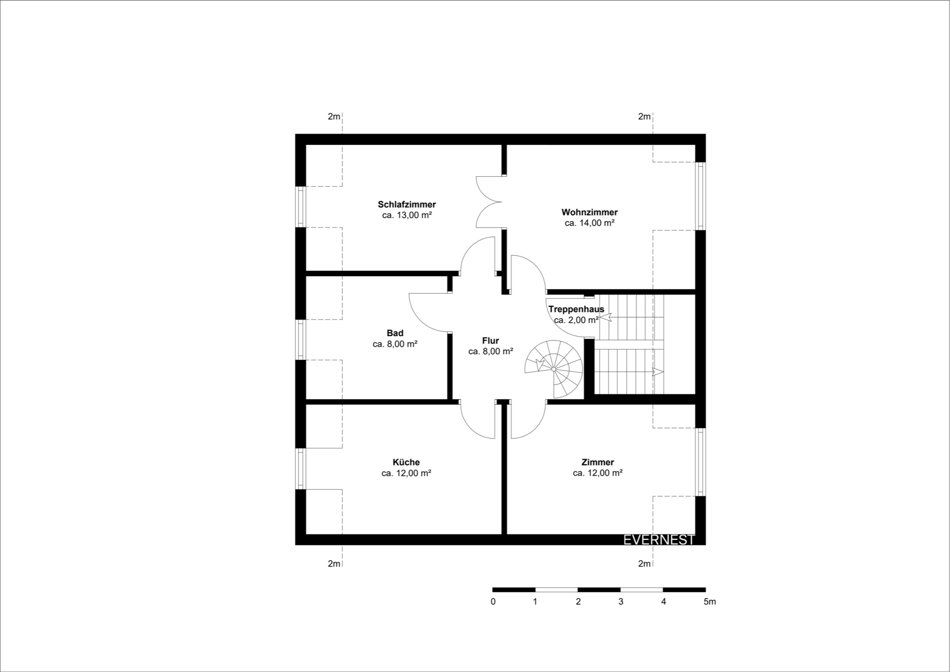 Grundriss mit Schlafzimmer, Wohnzimmer, Küche, Bad, Flur, Zimmer und Treppenhaus.