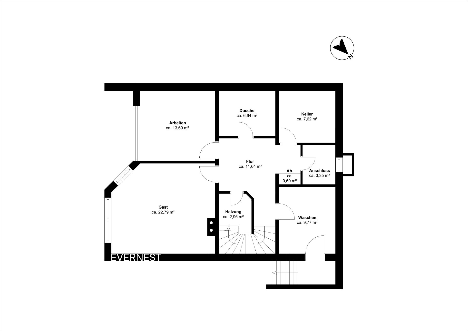 Grundriss eines Wohnhauses mit Räumen wie Gast, Arbeiten, Dusche, Keller und Waschen.