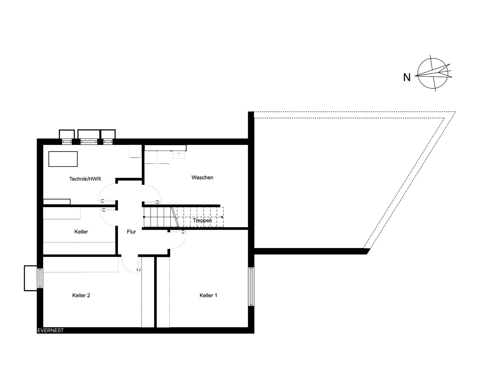 Grundriss eines Kellers mit Technikraum, Waschraum, zwei Kellerräumen und Flur.