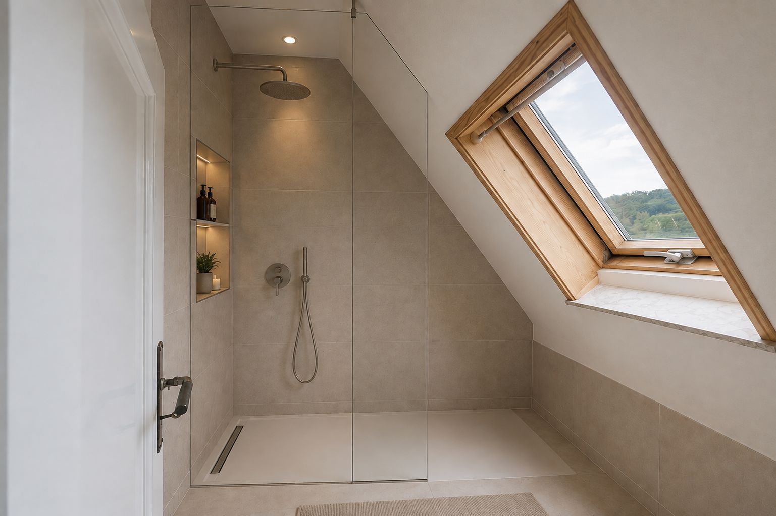 Modernes Duschbad mit großer Glasdusche und Dachfenster unter Schräge.