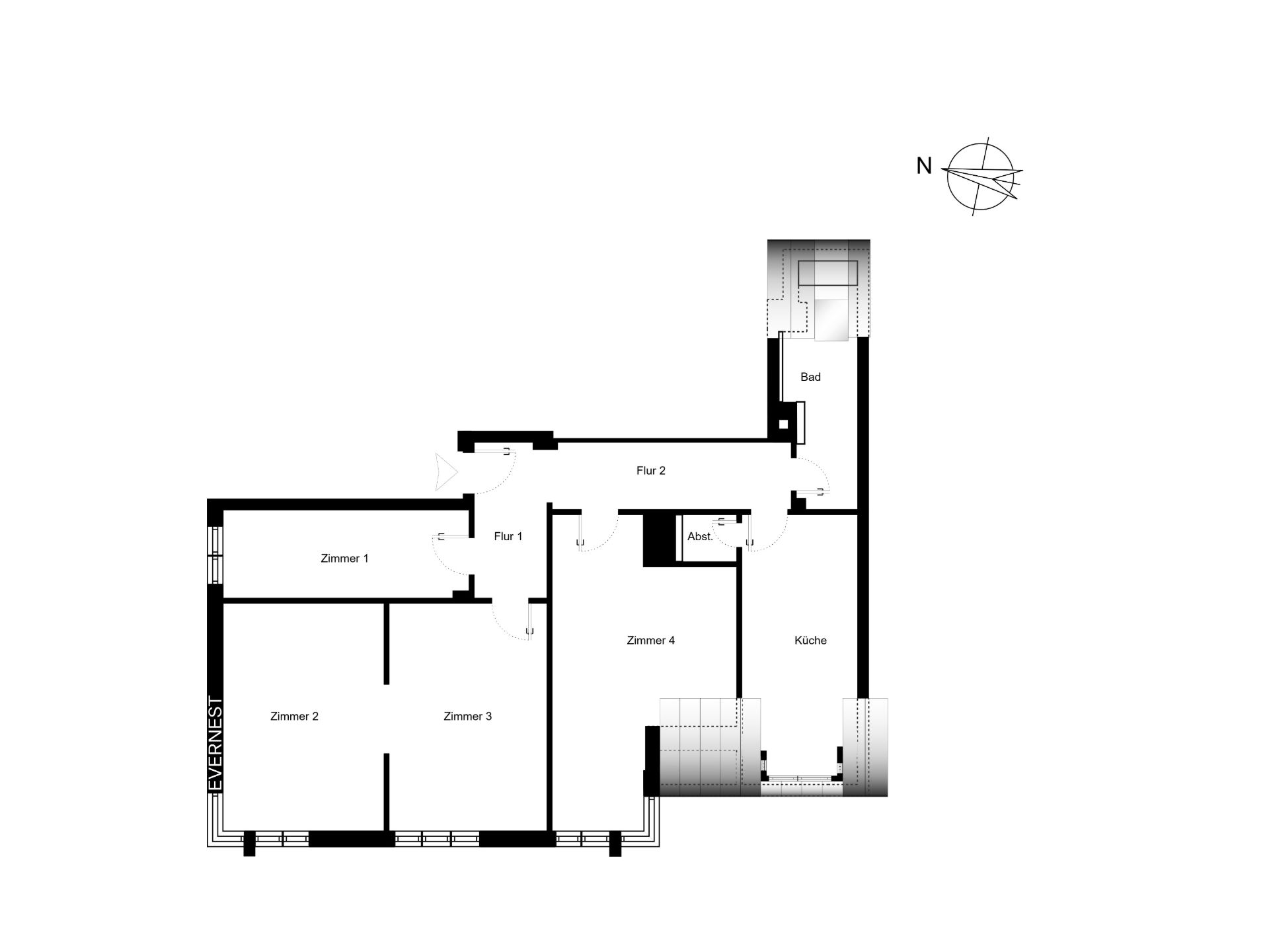Grundriss einer Wohnung mit vier Zimmern, Küche, Bad, Flur und Abstellraum.