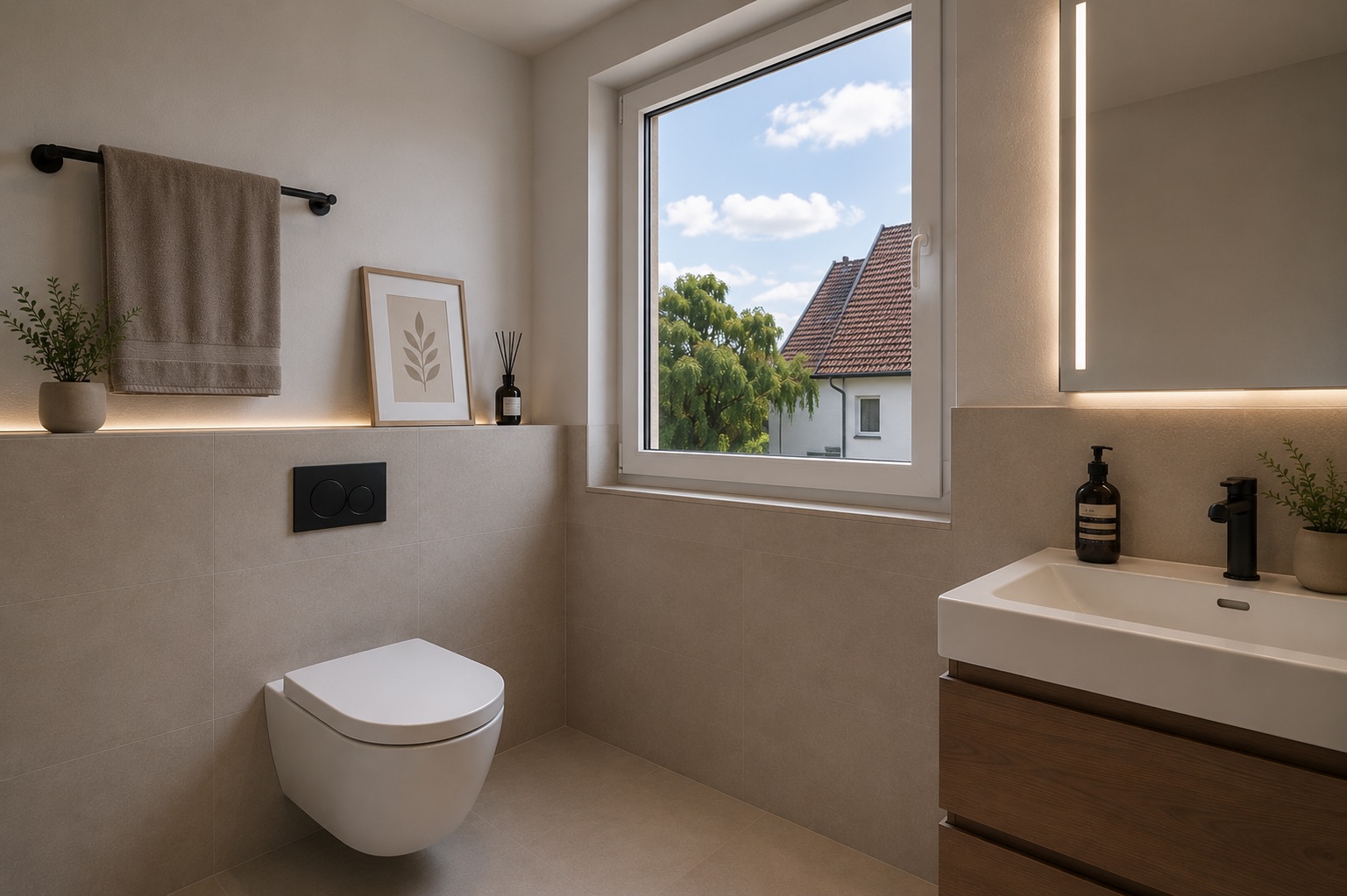 Modernes Badezimmer mit Wandtoilette, Waschbecken, großem Fenster und dekorativen Pflanzen.