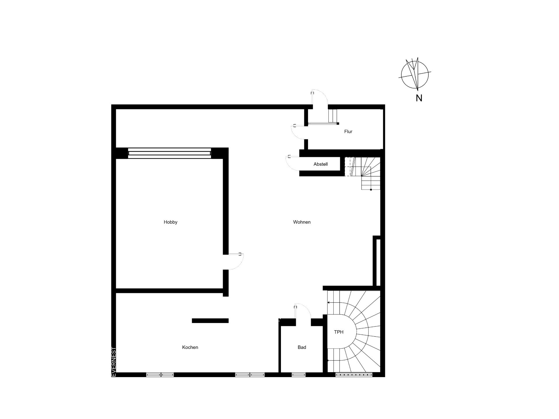 Grundriss mit Räumen: Wohnen, Hobby, Küche, Bad, Flur, Abstell und Treppe.