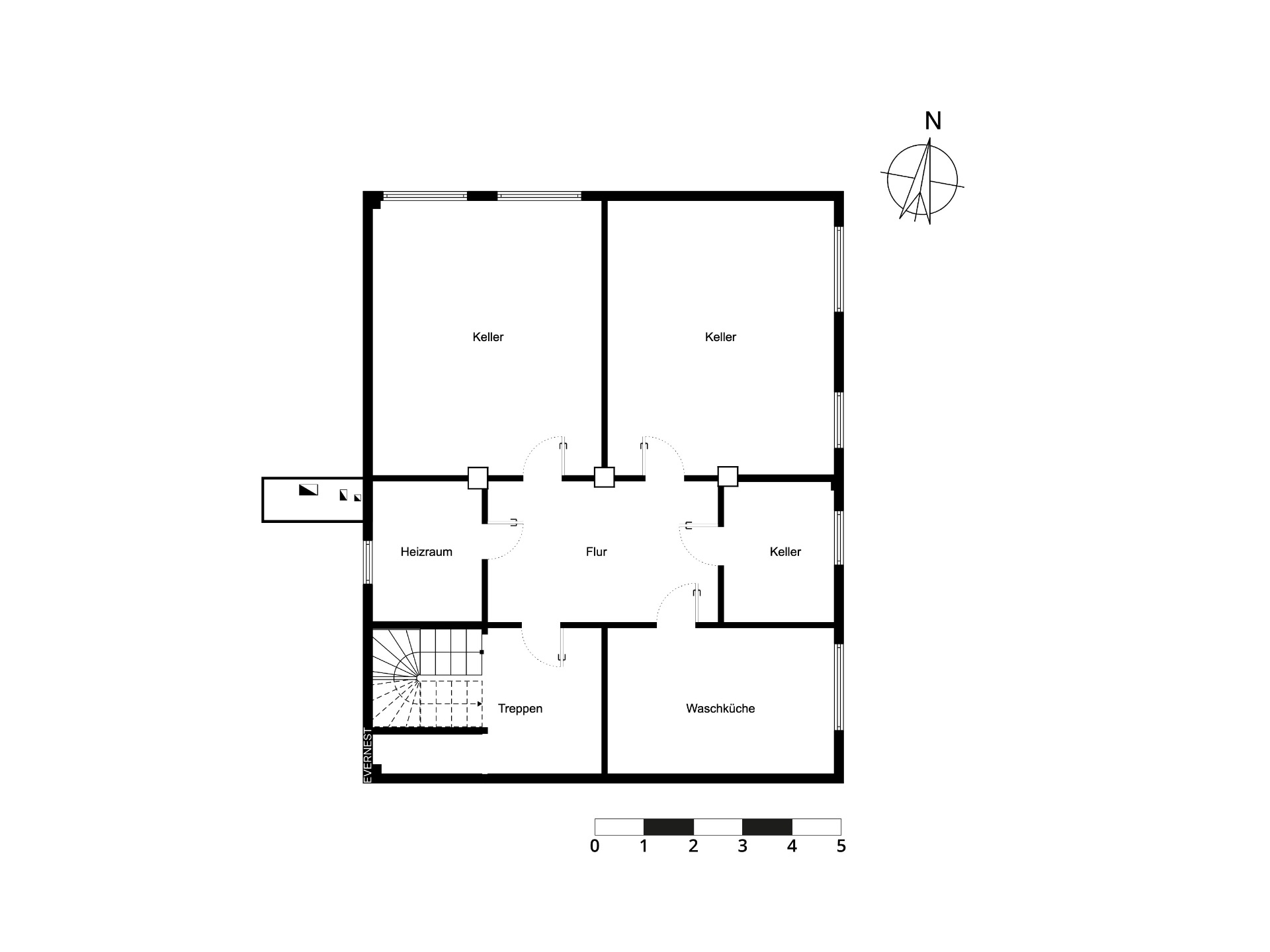 Grundriss mit mehreren Kellerräumen, Heizraum, Waschküche, Flur und Treppenaufgang.