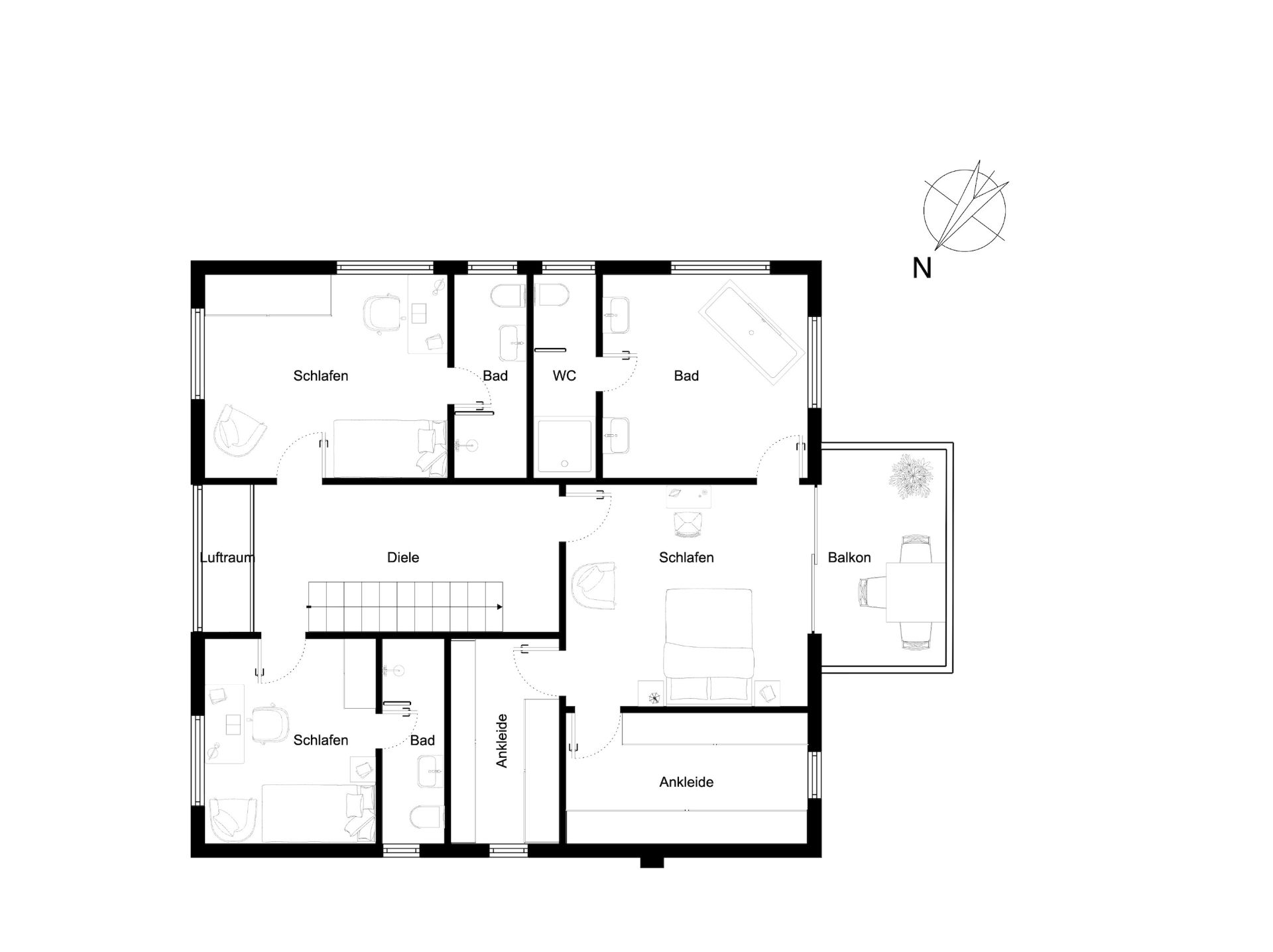 Grundriss einer Wohnung mit mehreren Schlafzimmern, Bädern, Ankleidezimmern und Balkon.