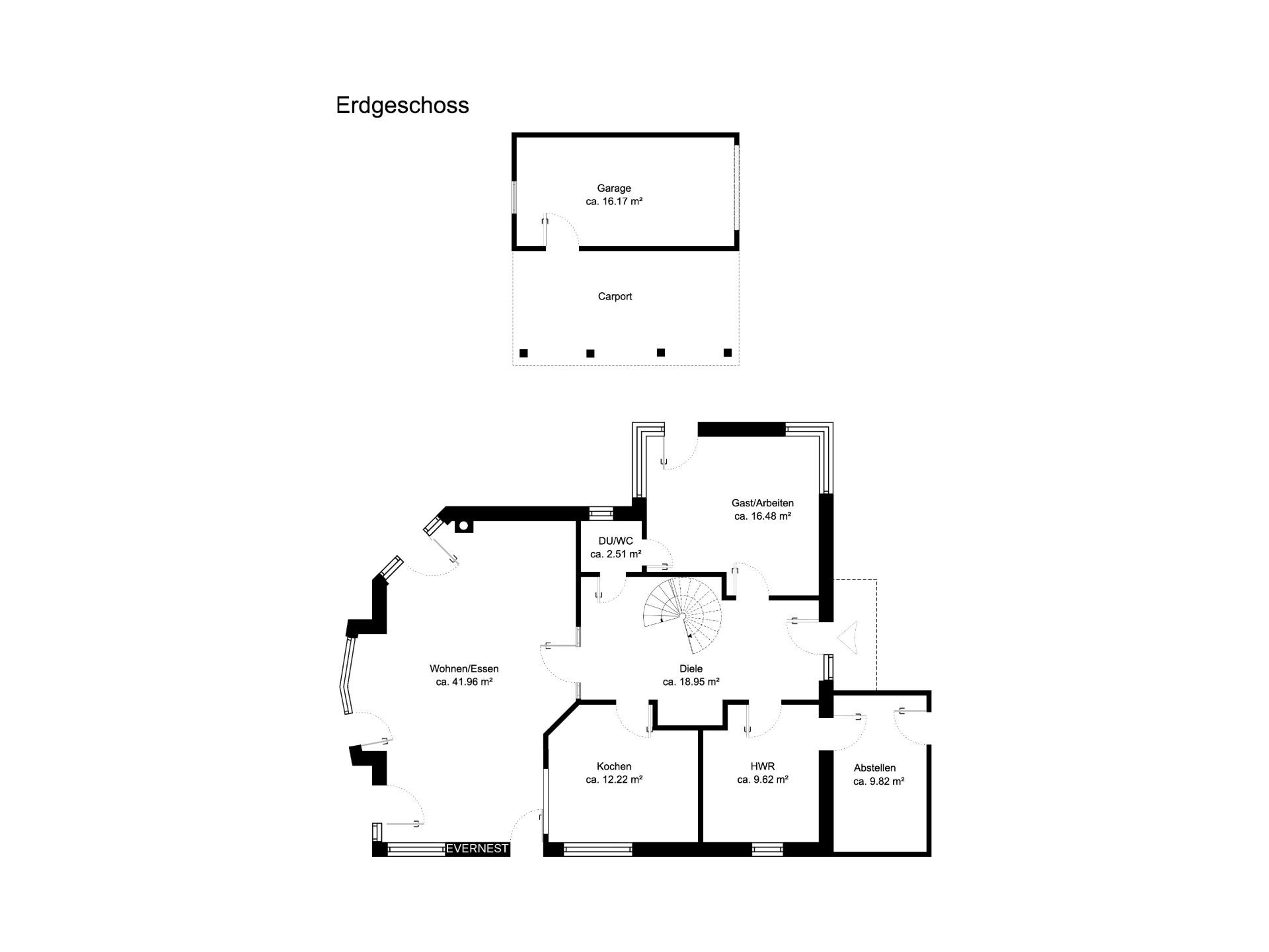 Grundriss des Erdgeschosses mit Garage, Carport, Küche, Wohn- und Essbereich und mehreren Zimmern.