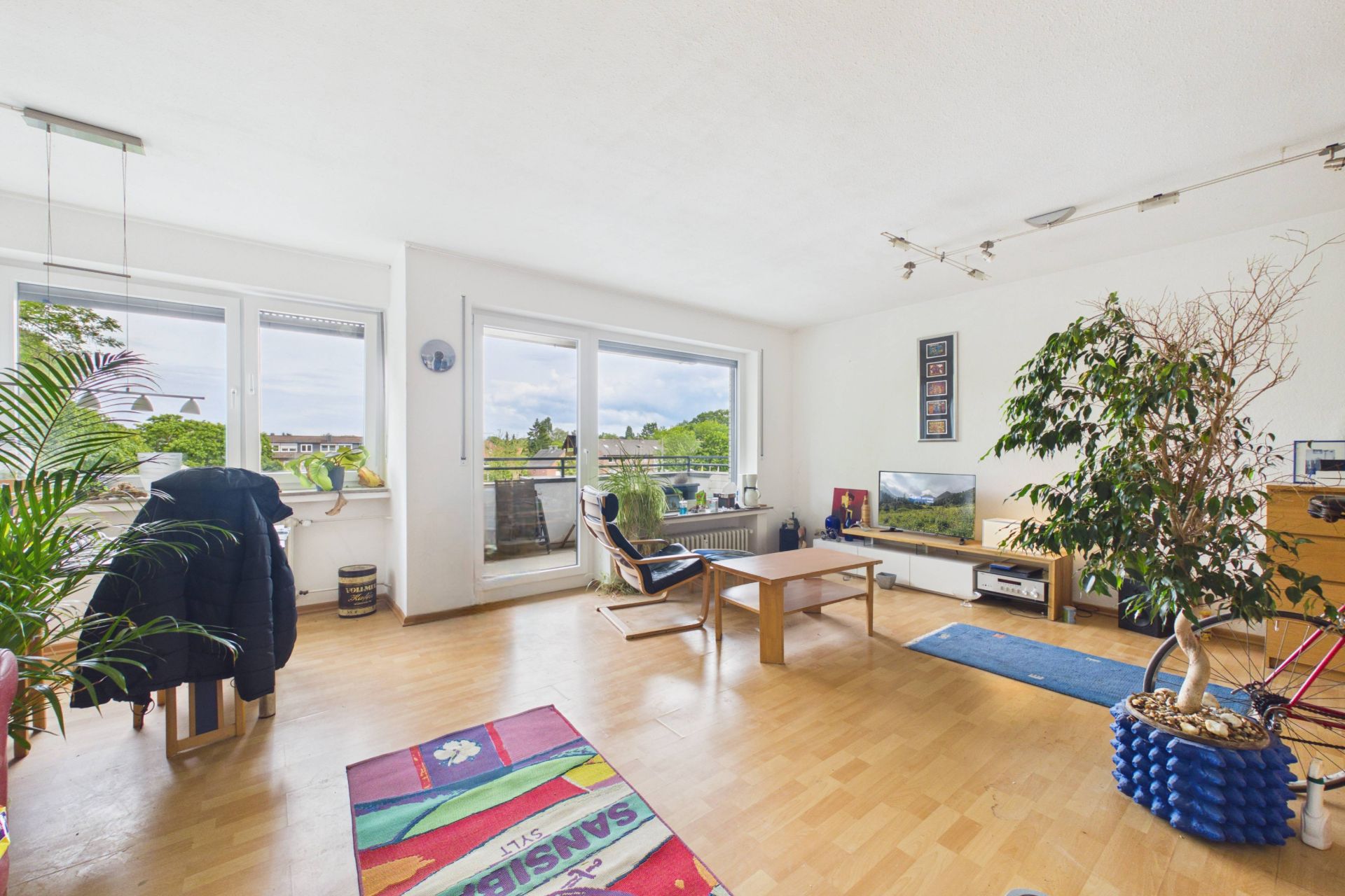 Helles Wohnzimmer mit Holzboden, großen Fenstern, Pflanzen, Tisch, Stuhl und Fernseher.