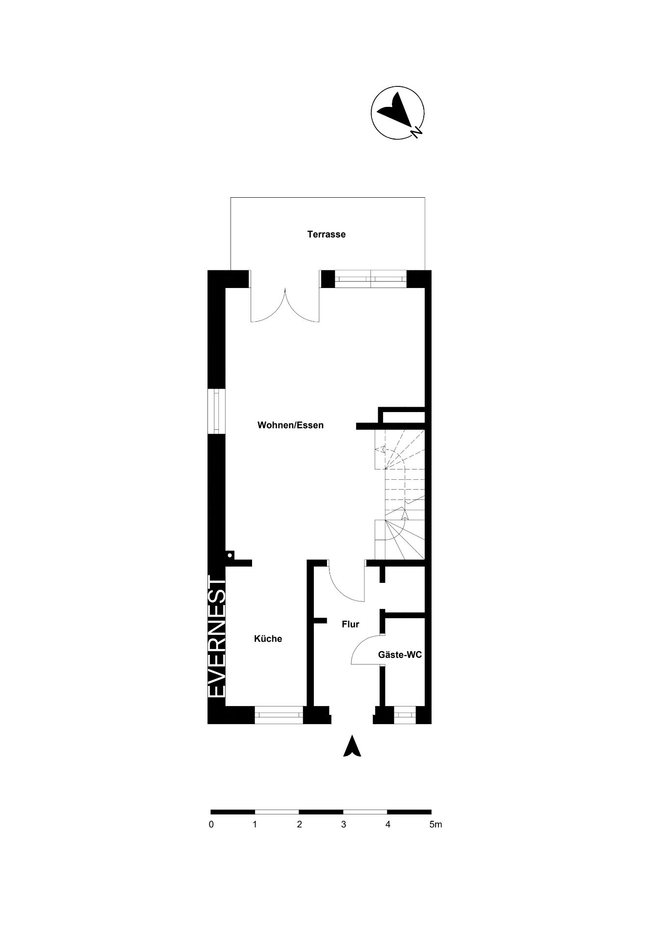 Grundriss eines Wohnhauses mit Küche, Wohn-/Essbereich, Gäste-WC, Flur und Terrasse.