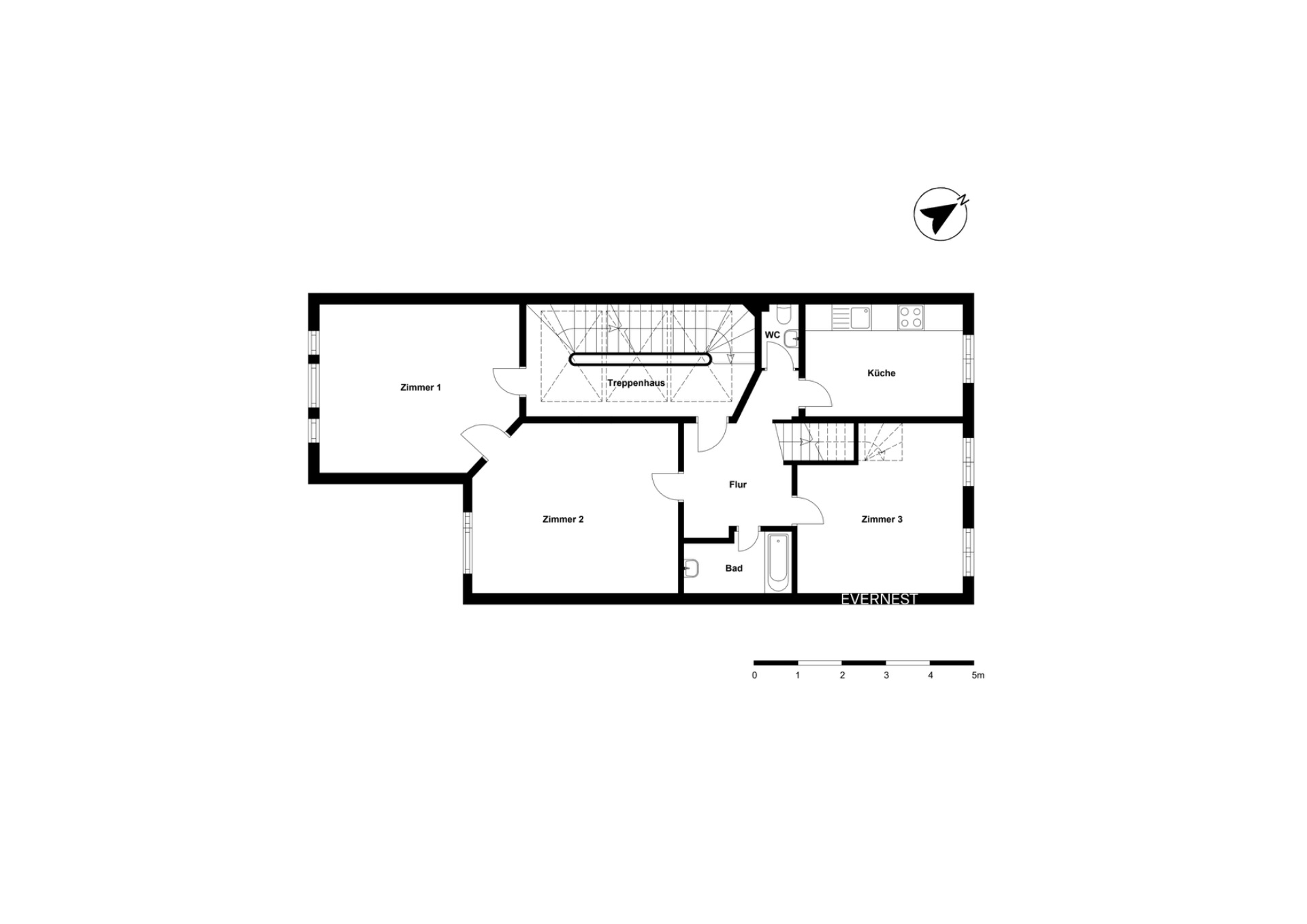 Grundriss mit drei Zimmern, Küche, Bad, WC, Flur und Treppenhaus.