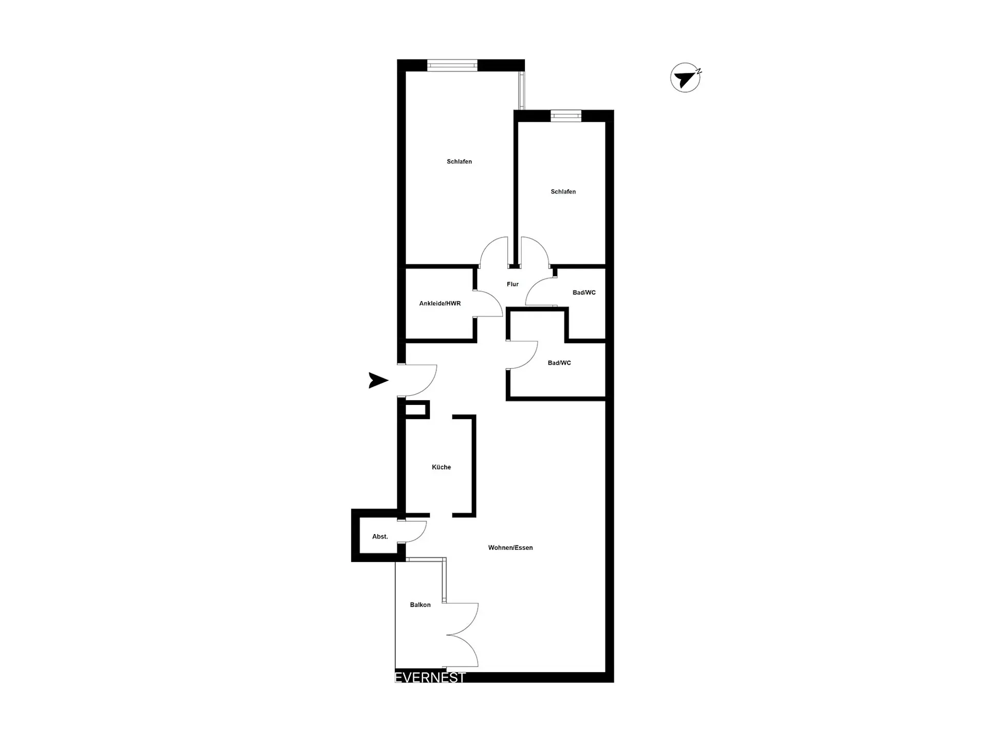 Grundriss einer Wohnung mit zwei Schlafzimmern, Küche, Wohn-Essbereich, zwei Bädern und Balkon.