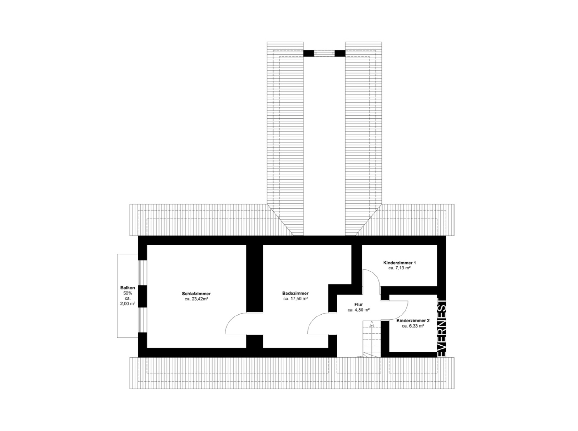 Grundriss mit Schlafzimmer, Badezimmer, zwei Kinderzimmern, Flur und Balkon.