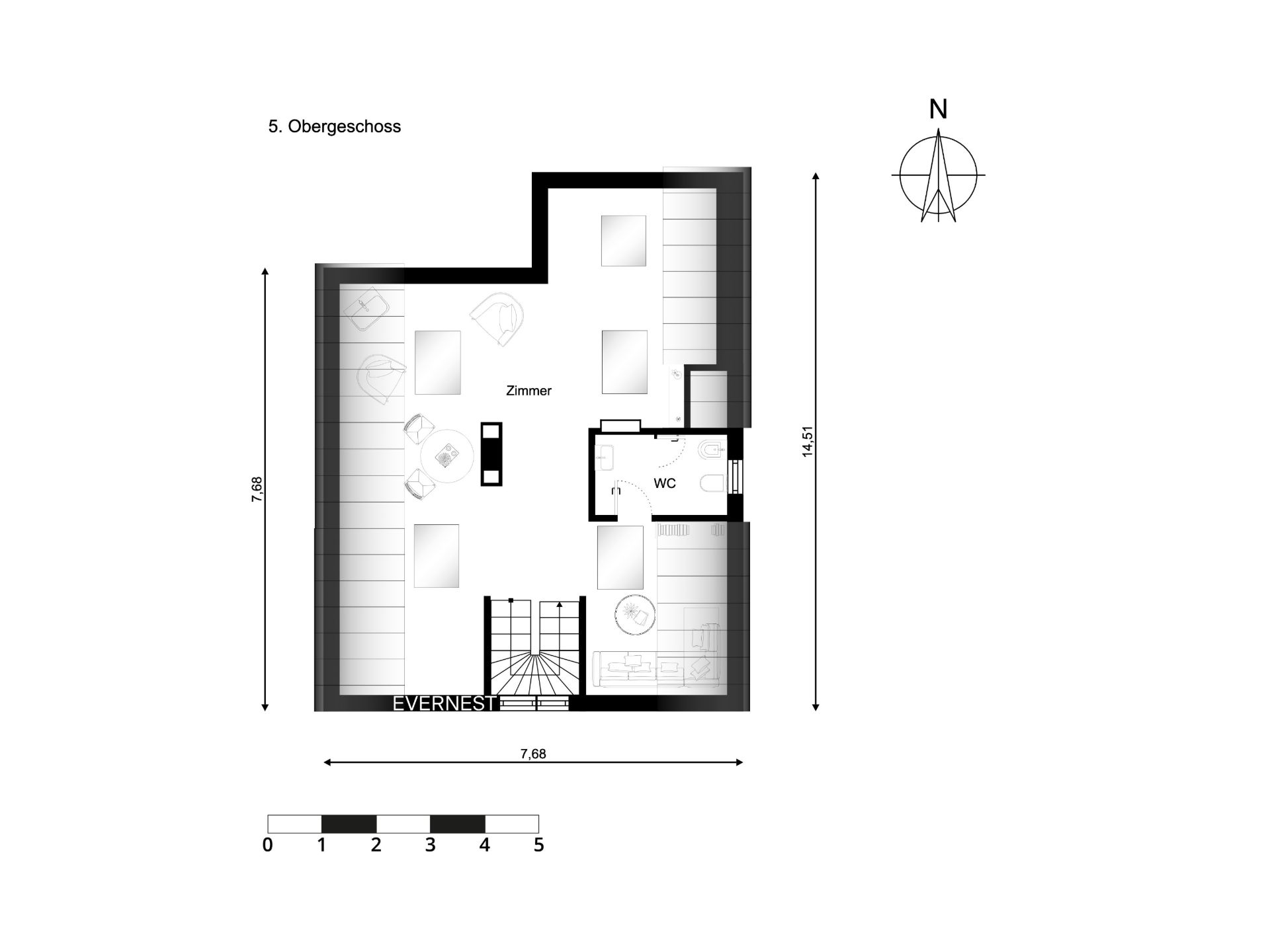 Grundriss des 5. Obergeschosses mit Zimmer, WC und Treppenaufgang.