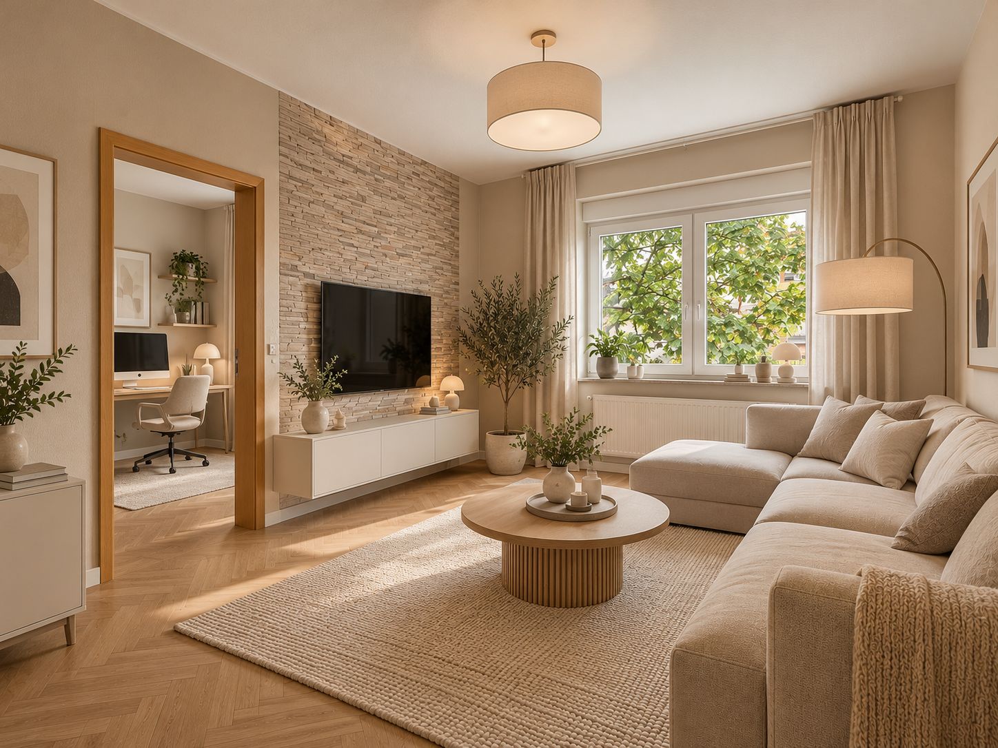 Modernes Wohnzimmer mit Sofa, Couchtisch, Fernseher und großem Fenster, daneben Homeoffice-Raum sichtbar.