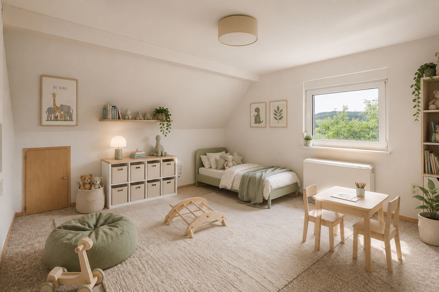 Helles Kinderzimmer mit Bett, Holzregal, Spielzeug, kleinem Tisch, Stühlen und großem Fenster.