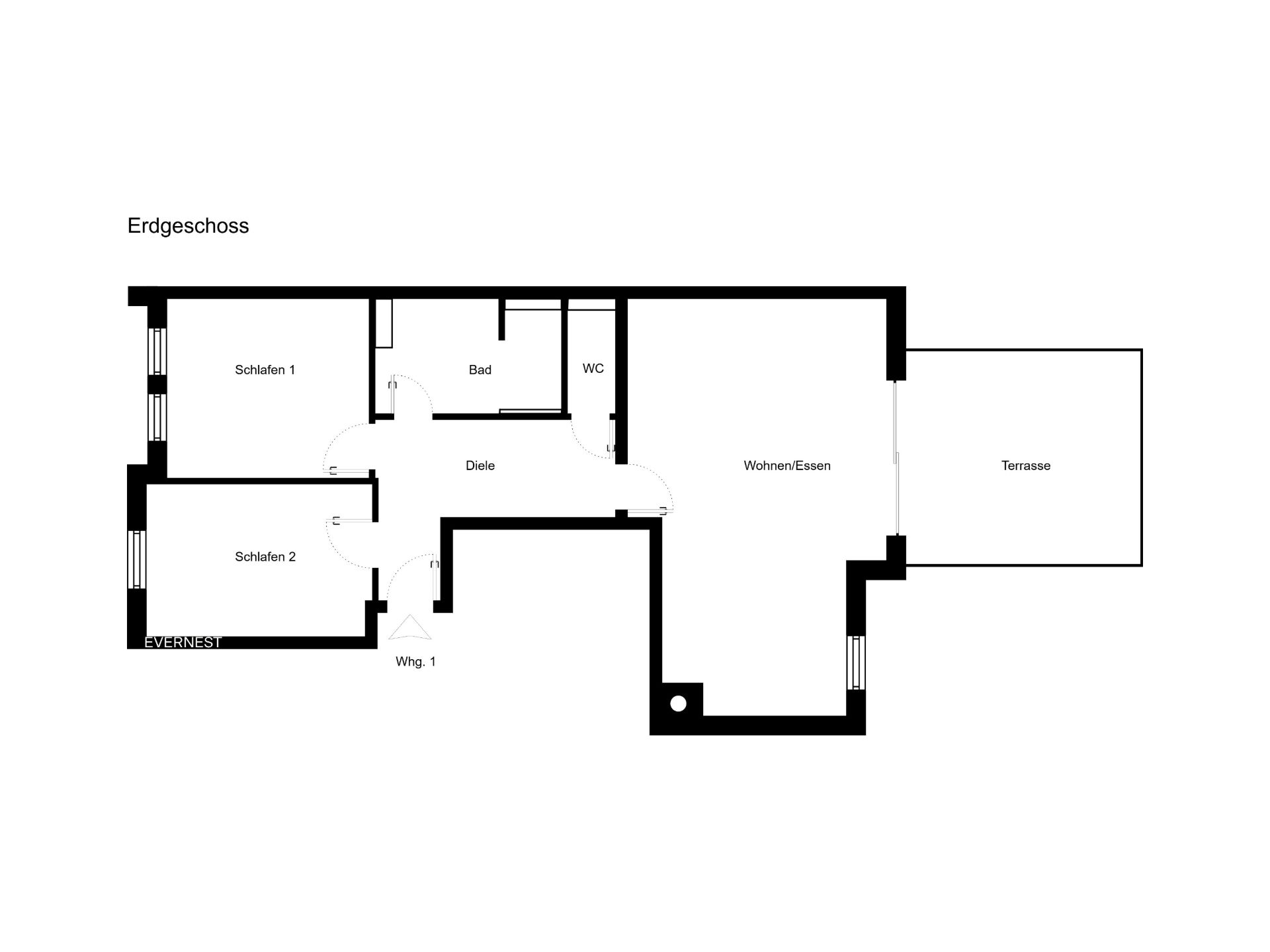 Grundriss des Erdgeschosses mit zwei Schlafzimmern, Bad, WC, Wohn-/Essbereich und Terrasse.