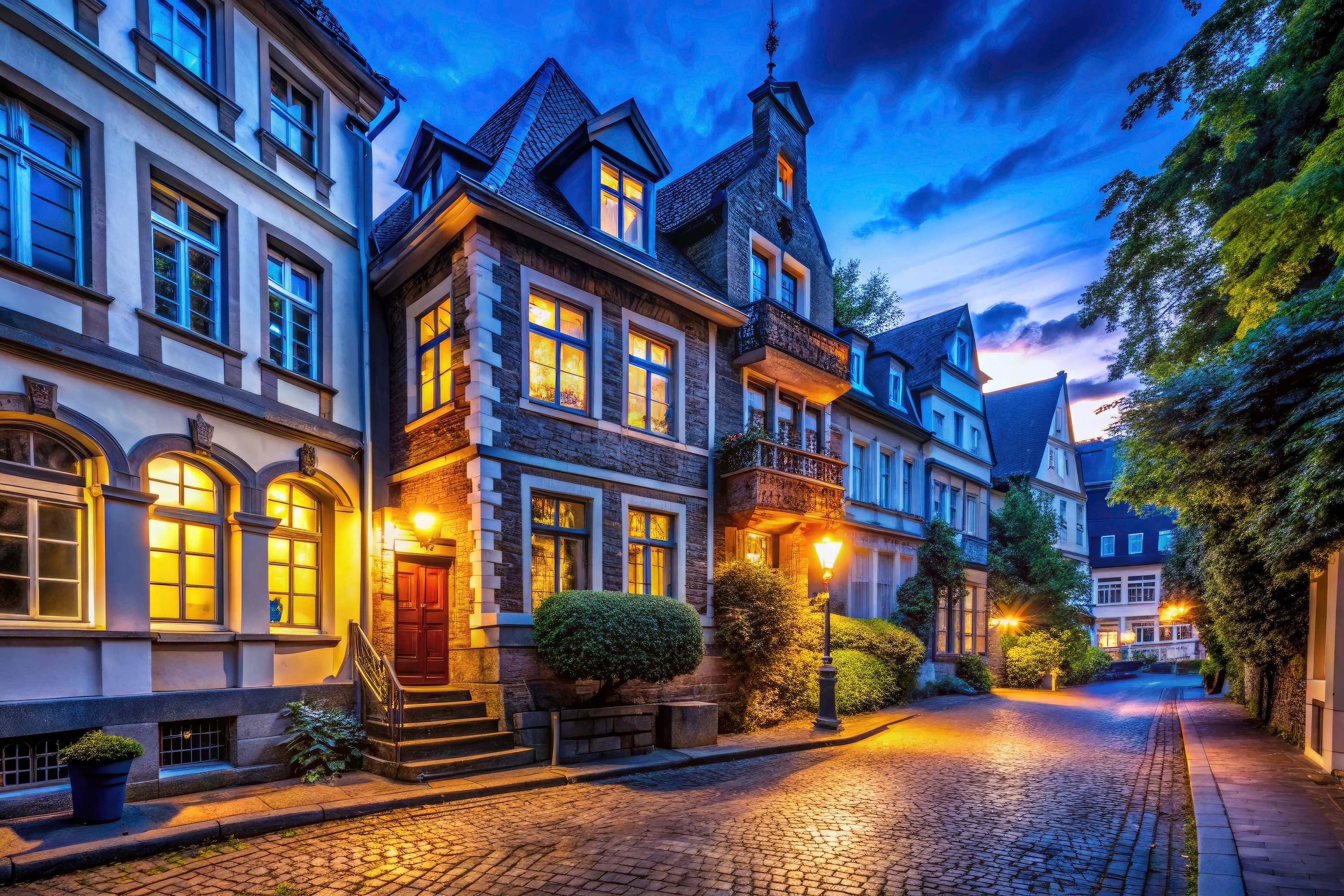 Beleuchtete Wohnhäuser an einer gepflasterten Straße am Abend, umgeben von Bäumen.