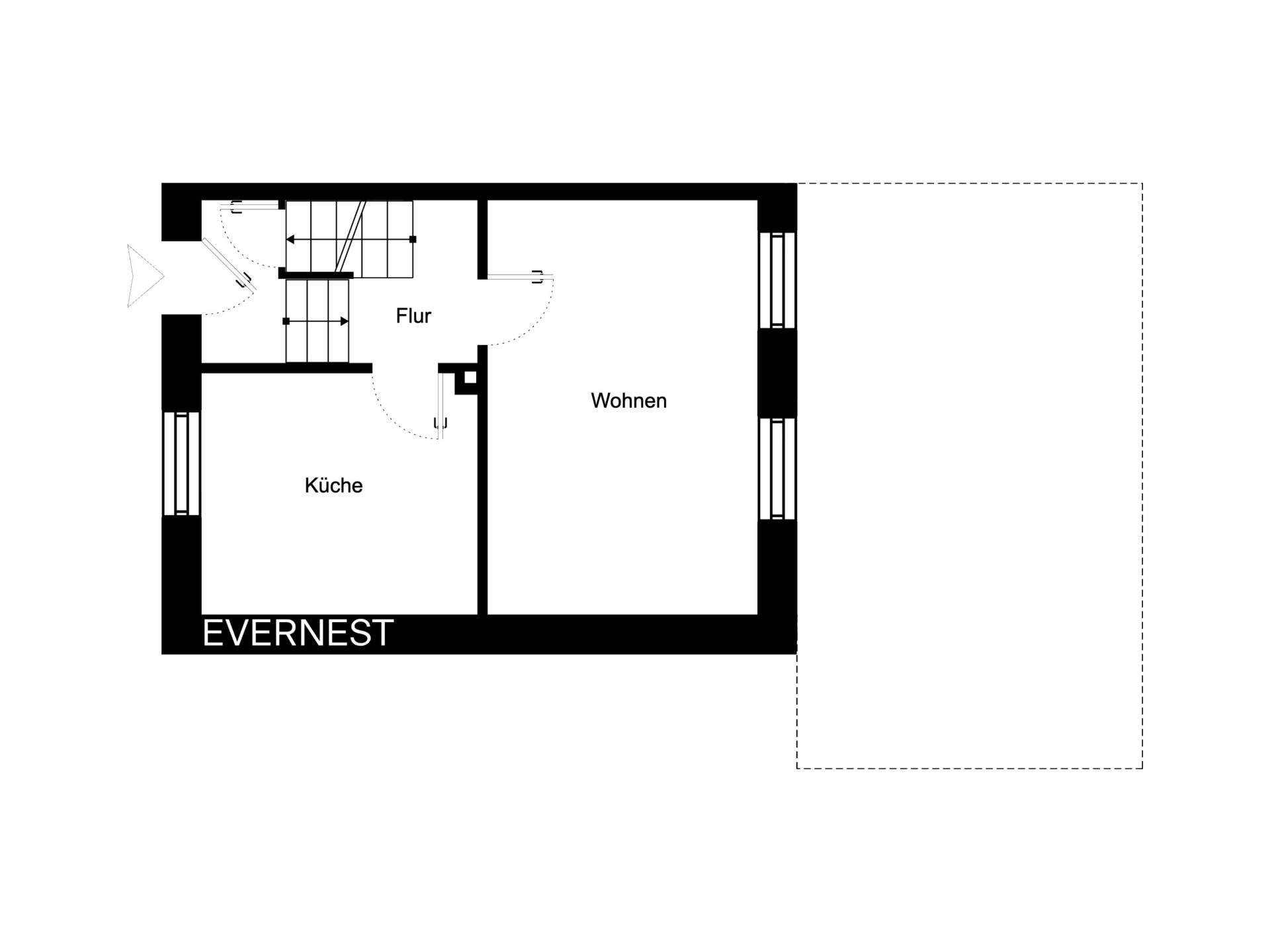 Grundriss mit Flur, Küche und Wohnzimmer, Eingang links.