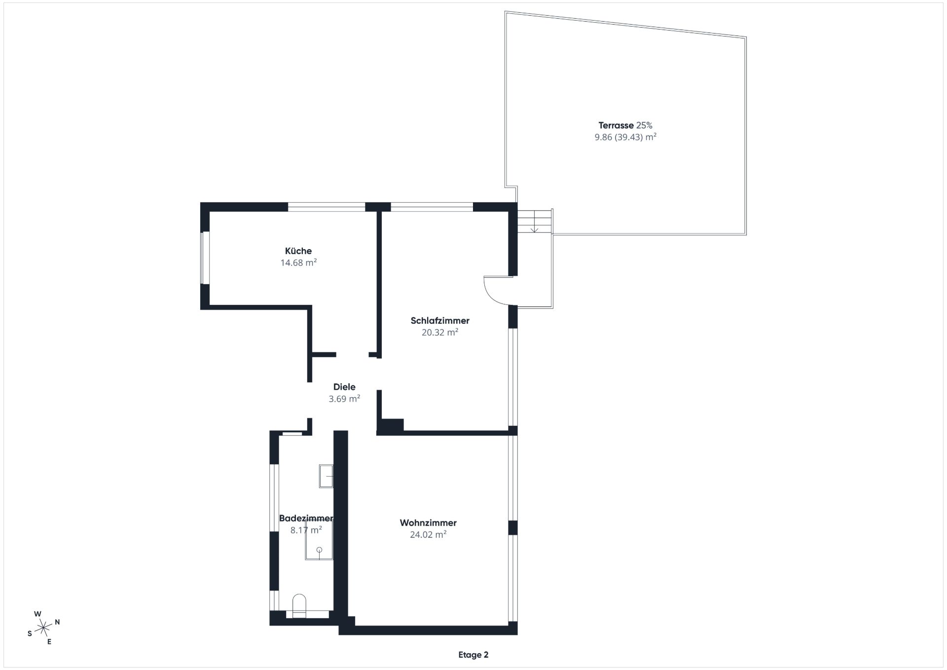 Grundriss mit Wohnzimmer, Schlafzimmer, Küche, Bad, Diele und Terrasse.