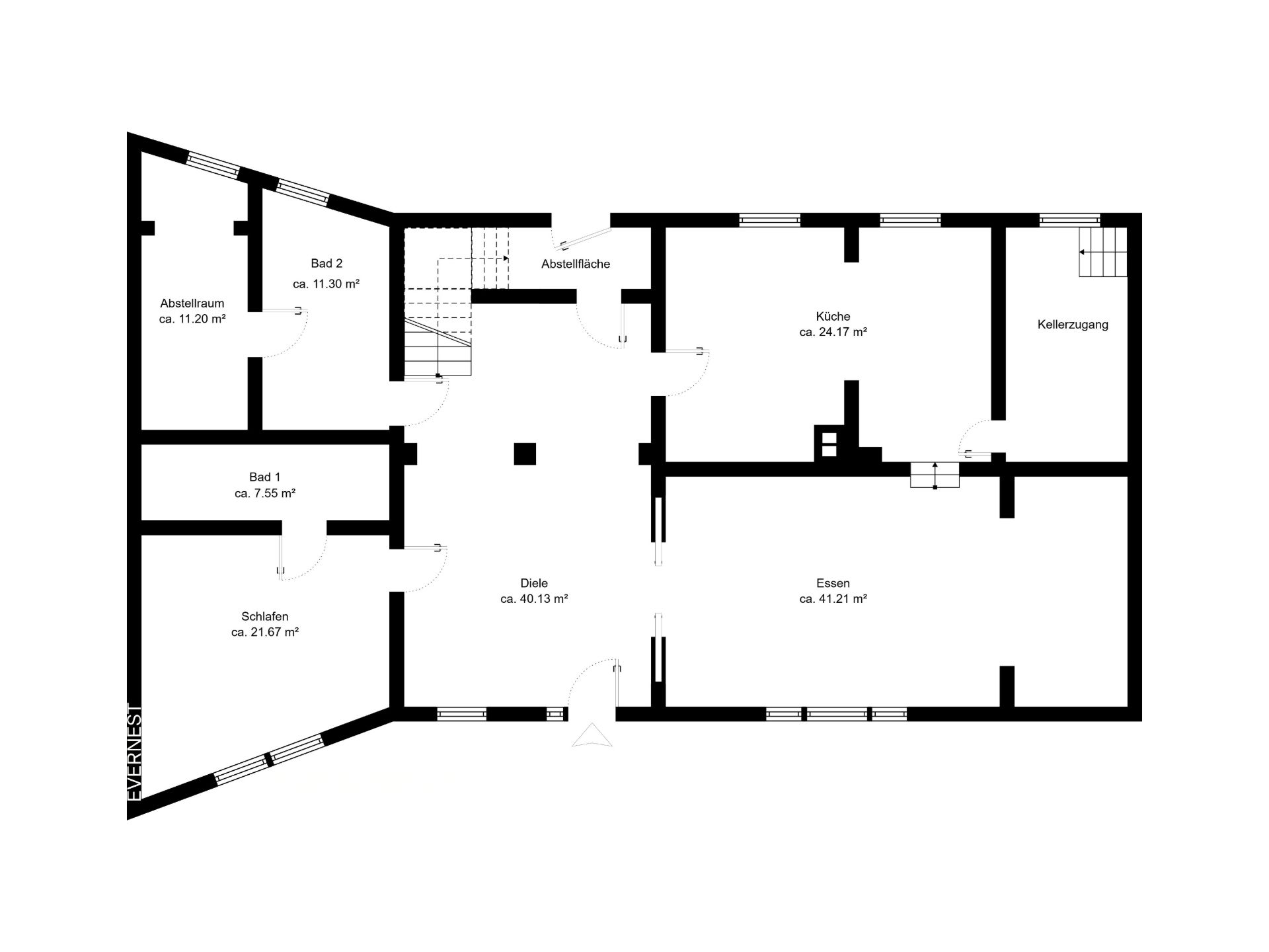 Grundriss eines Hauses mit Küche, Esszimmer, zwei Bädern, Schlafzimmer und Abstellräumen.