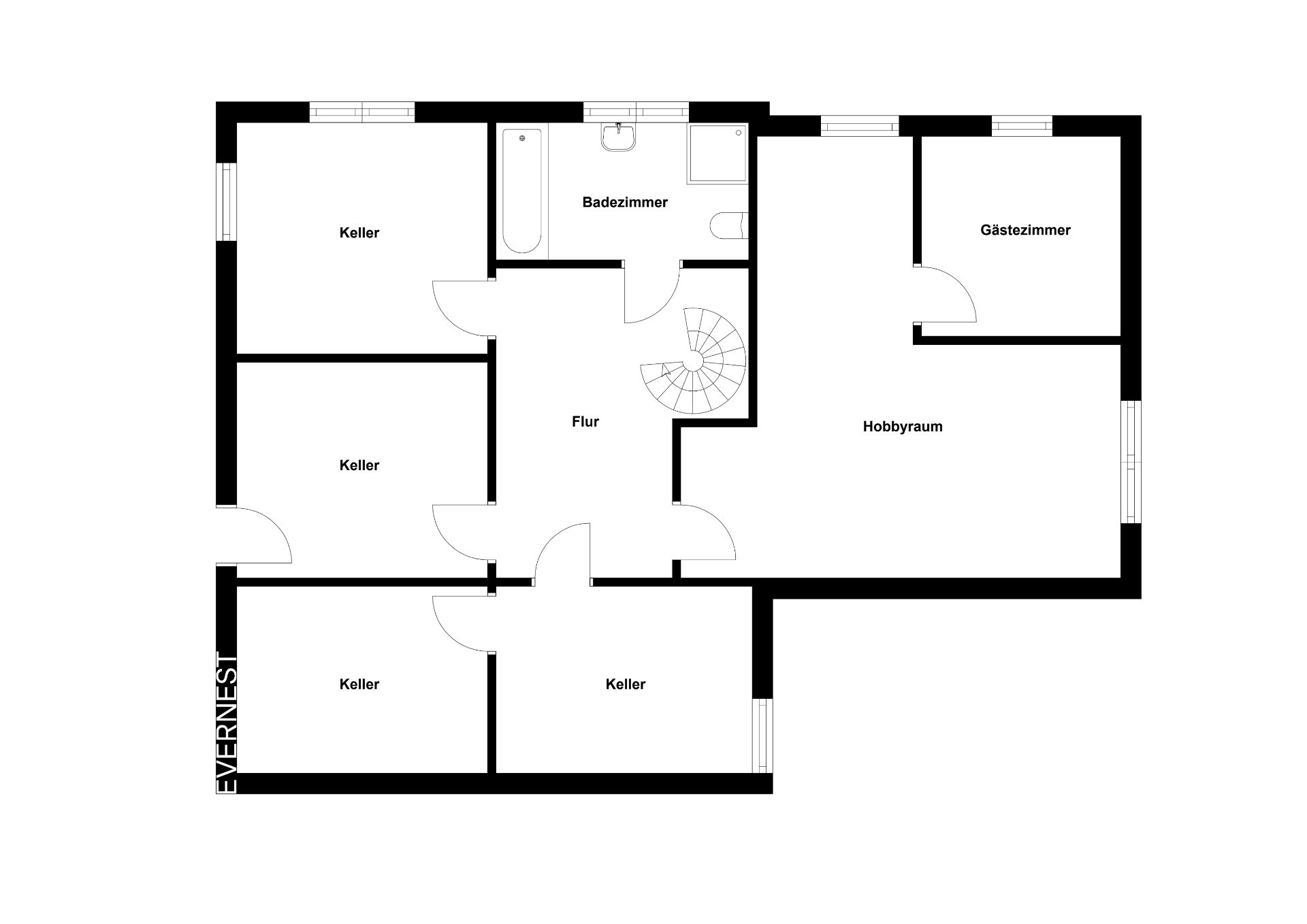 Grundriss mit Flur, Badezimmer, Gästezimmer, Hobbyraum und mehreren Kellerräumen.