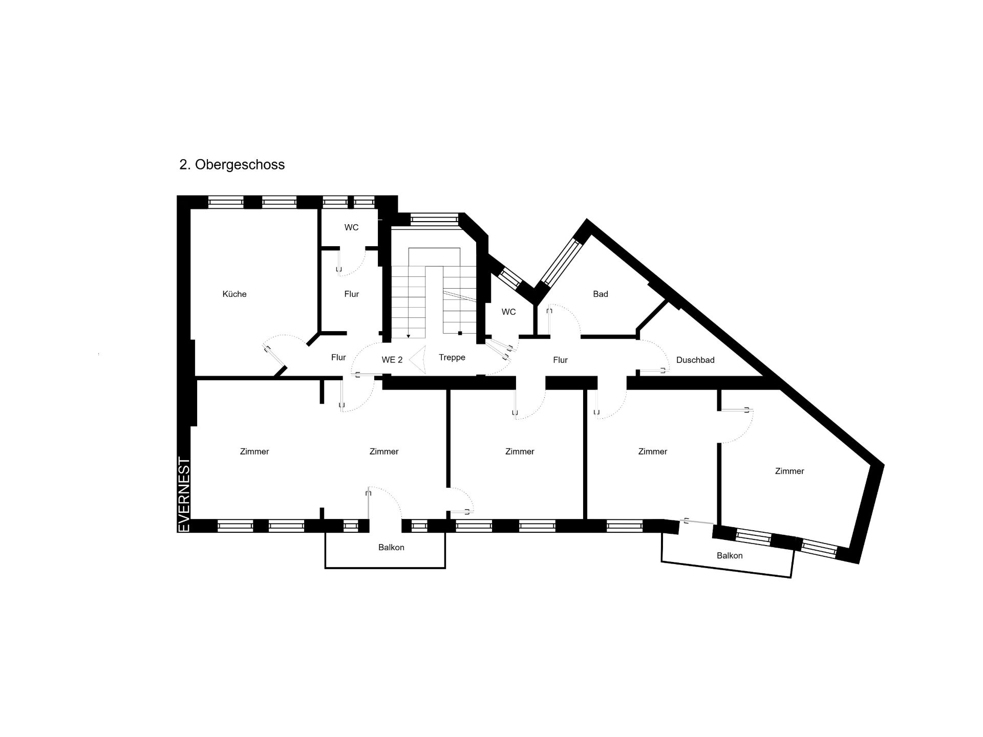 Grundriss des zweiten Obergeschosses mit mehreren Zimmern, Fluren, Küche, Bädern und zwei Balkonen.