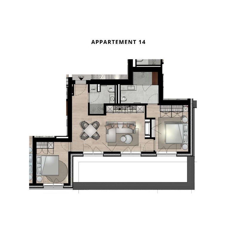 Grundriss einer Wohnung mit zwei Schlafzimmern, Wohnbereich, Küche, Bädern und Balkon.
