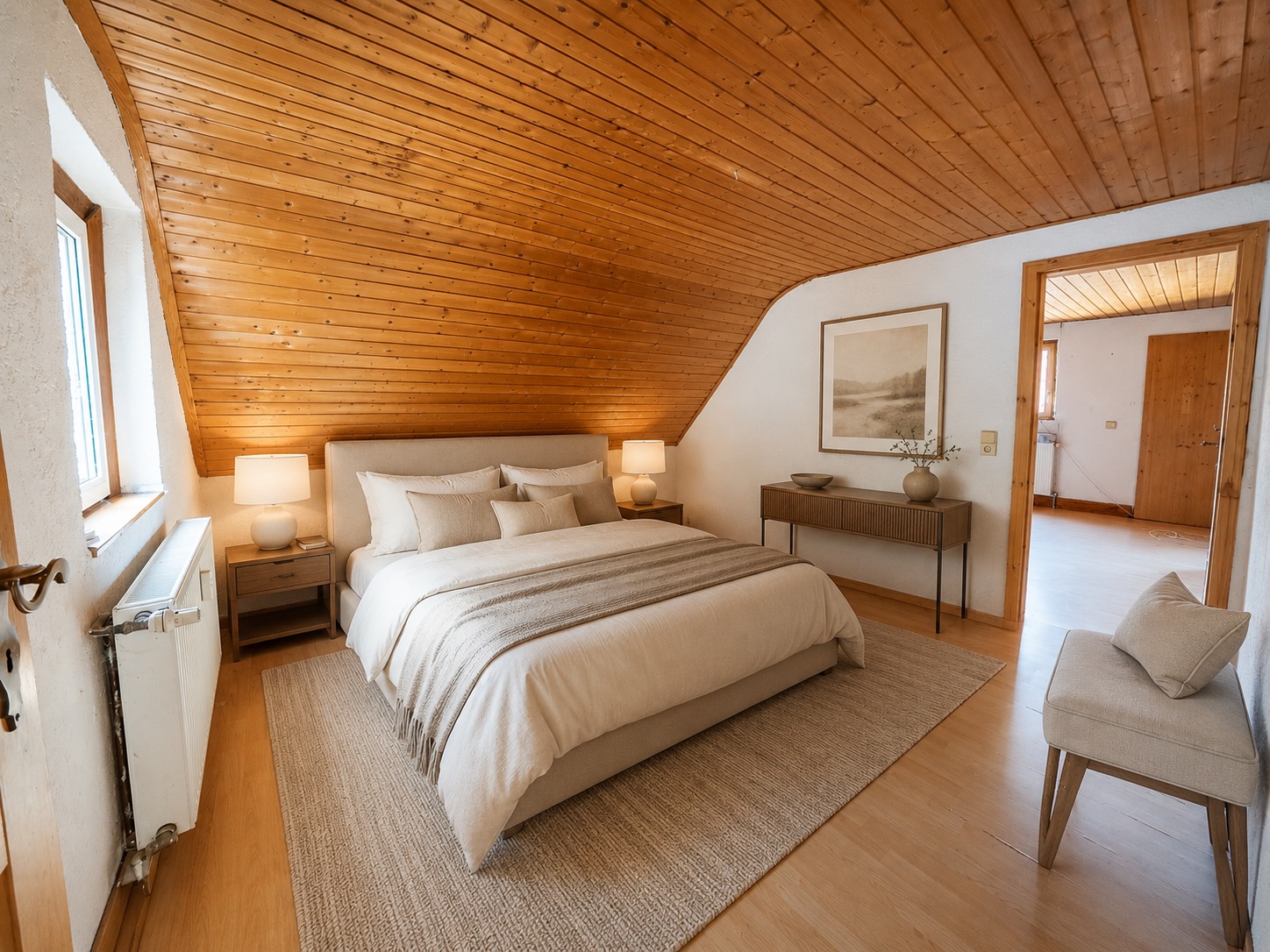 Gemütliches Schlafzimmer mit schräger Holzdecke, Doppelbett, Nachttischen und Fenster.
