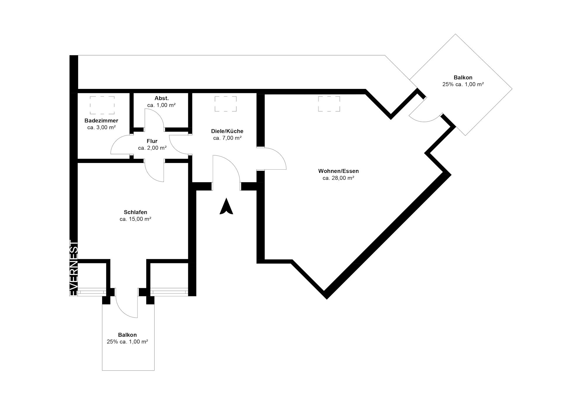 Grundriss einer Wohnung mit Schlafzimmer, Bad, Abstellraum, Diele/Küche, Wohnbereich und zwei Balkonen.