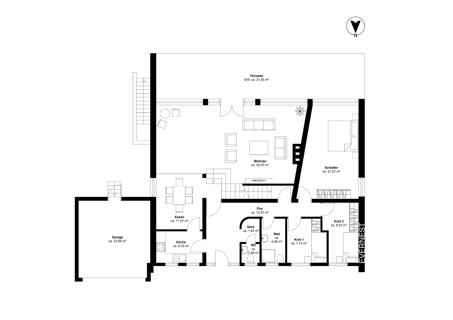 Grundriss einer Wohnung mit Wohnbereich, Schlafzimmer, Küche, Esszimmer, Garage und Terrasse.