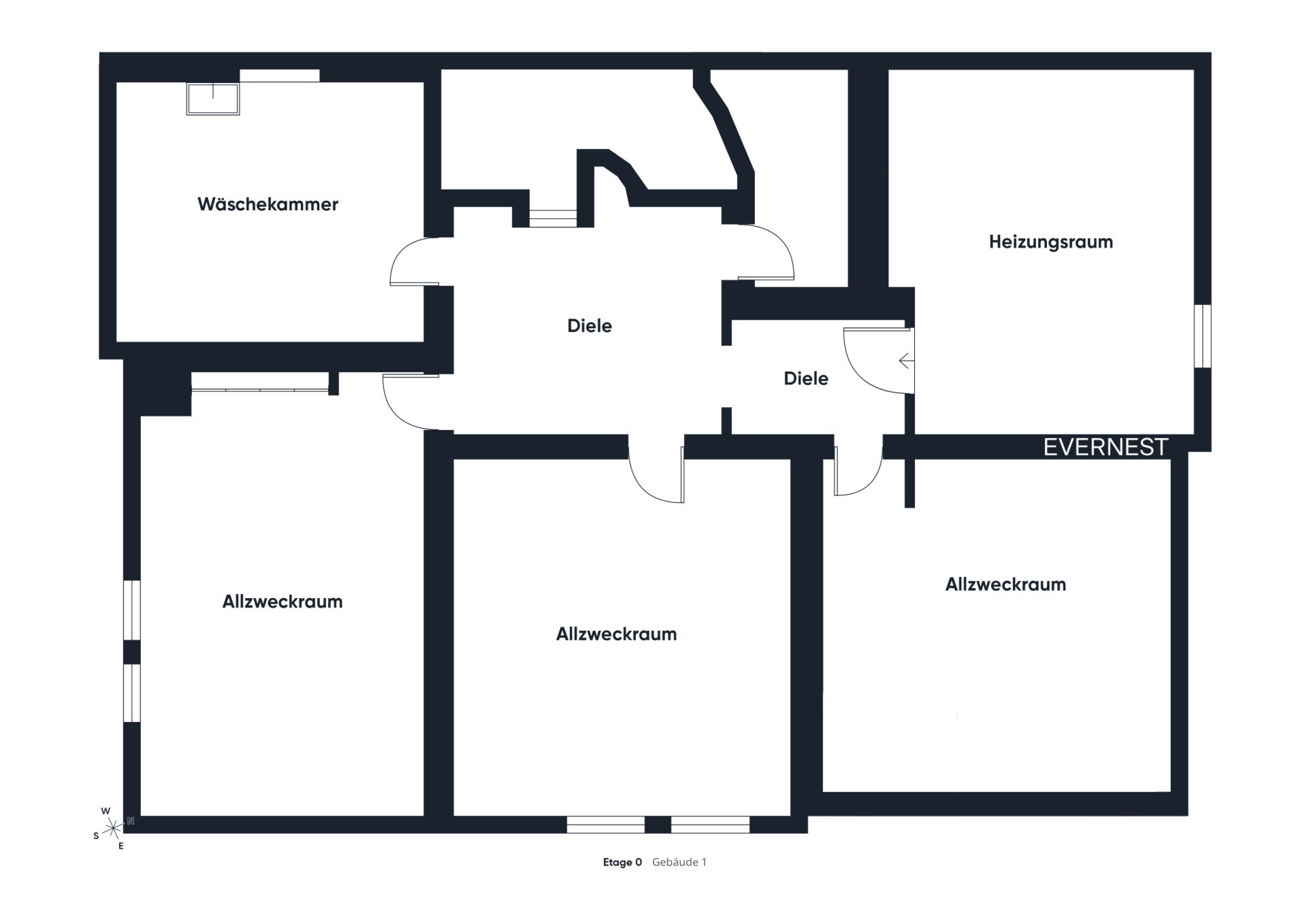 Grundriss mit Waschküche, Heizungsraum, drei Allzweckräumen und Flur.