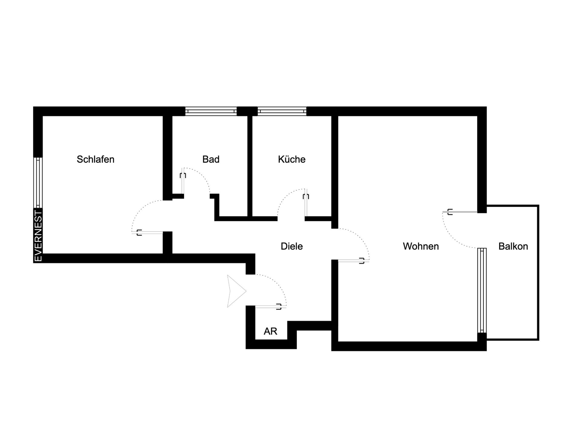 Grundriss einer Wohnung mit Schlaf-, Wohn-, Bad-, Küchenbereich, Diele, Abstellraum und Balkon.