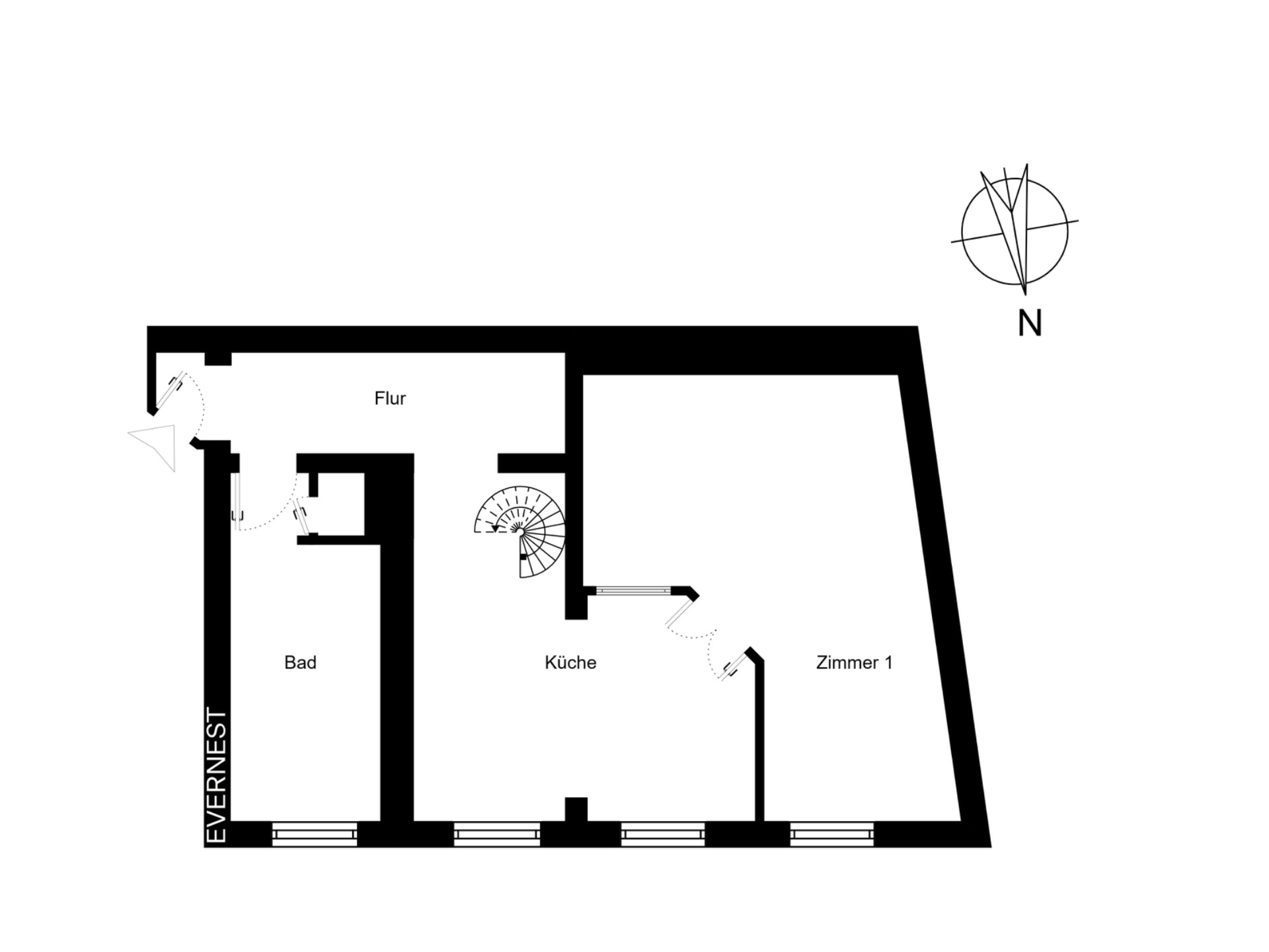 Grundriss mit Flur, Bad, Küche und Zimmer 1, sowie Treppe in der Mitte.