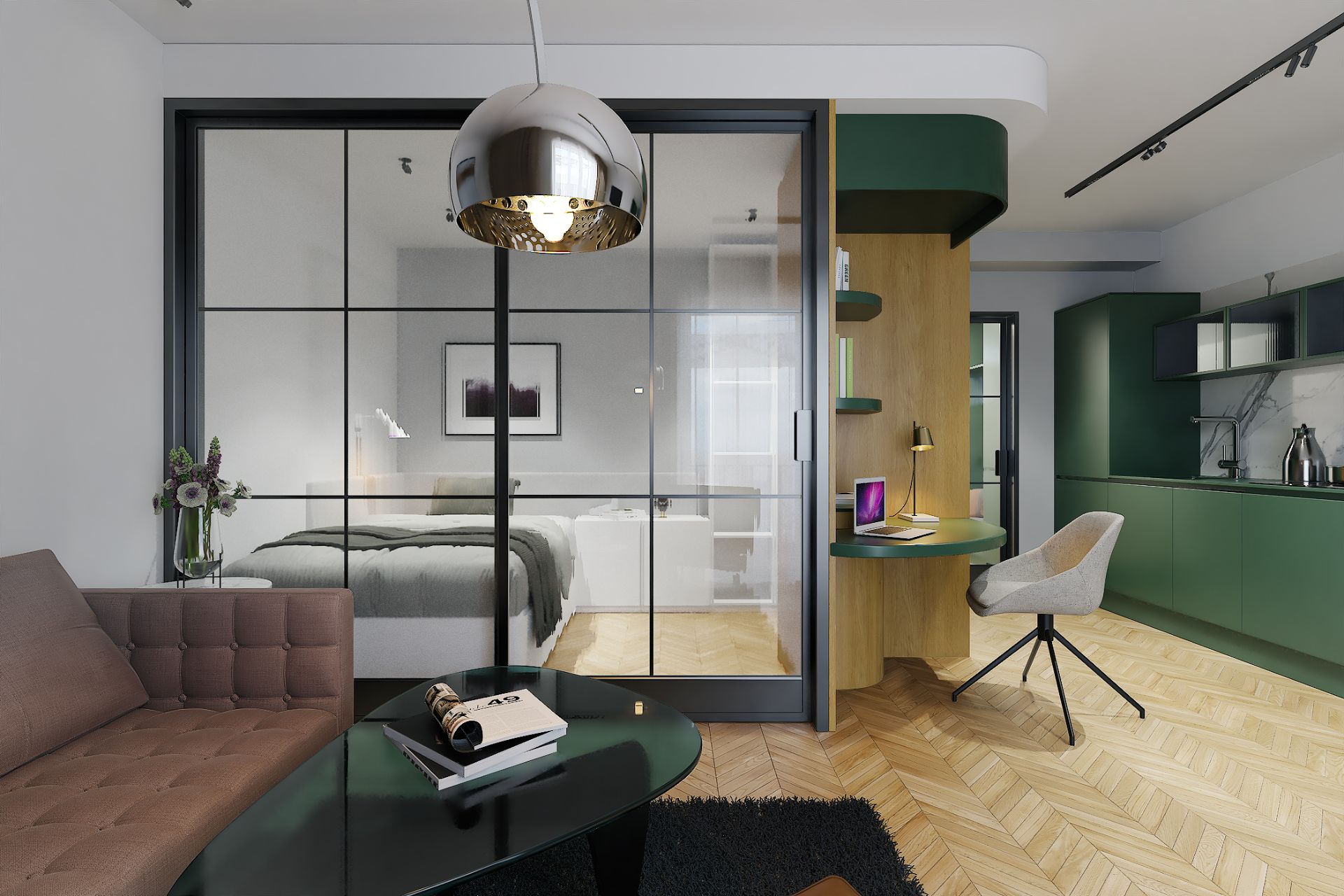 Modernes Wohnzimmer mit Sofa, Glastür zum Schlafzimmer, kleinem Schreibtisch und offener Küche.