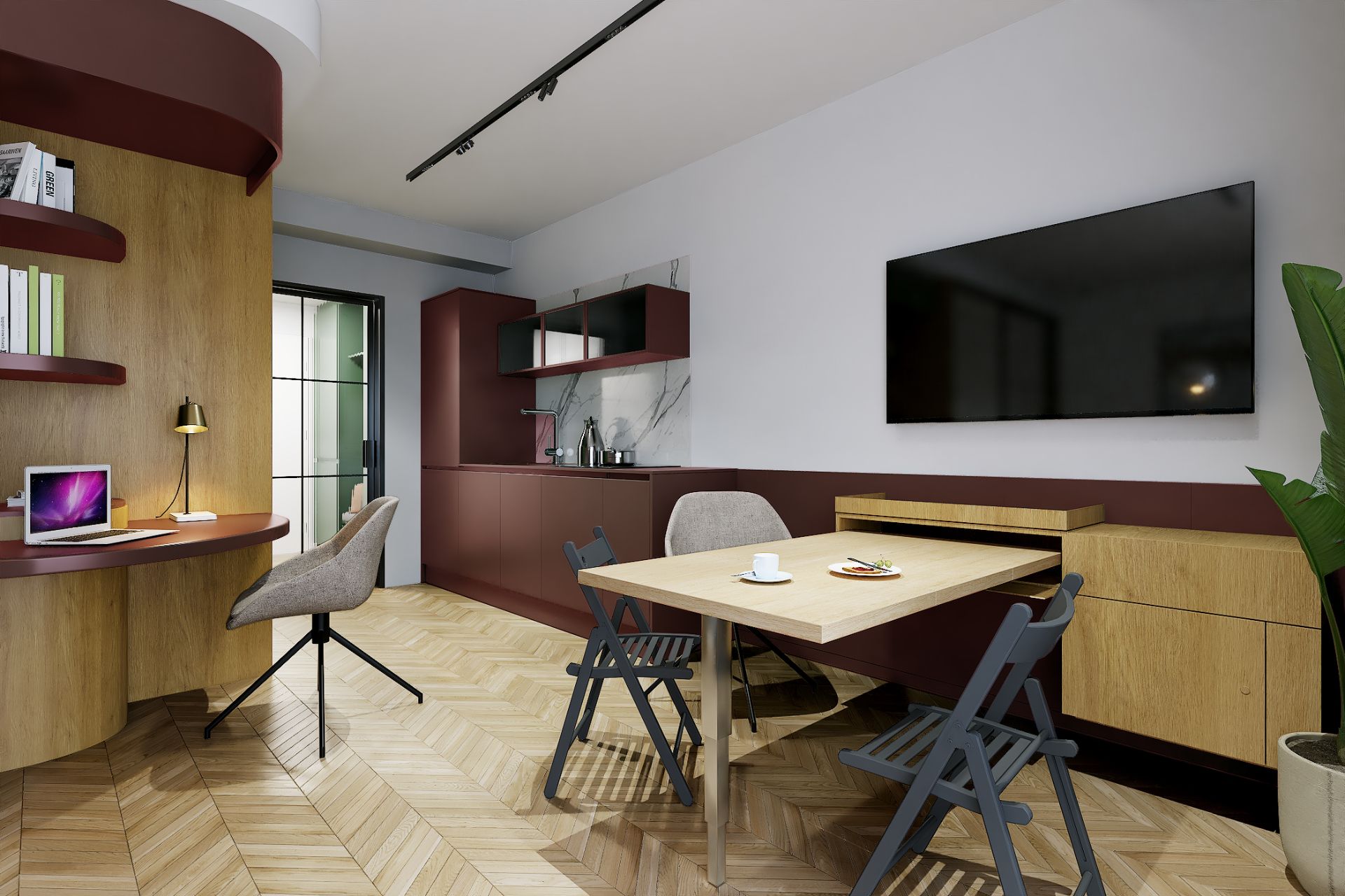 Moderne Küche mit Esstisch, Fernseher, Schreibtisch mit Laptop und Pflanze auf Parkettboden.